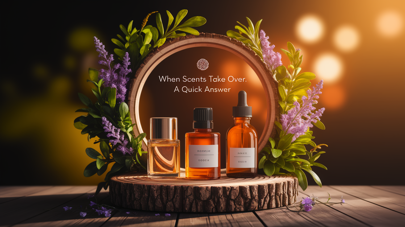 A conceptual illustration representing When Scents Take Over: A Quick Answer. Visualize the main ideas: . Creative but clear representation of the concept. Style: Use shallow depth of field with selective focus to create a professional, intimate feel Employ warm, natural lighting that casts a honey-golden glow on the main subjects Position items on a rustic wooden surface, preferably a cross-section of a tree trunk with visible rings and natural texture Incorporate vibrant green foliage and delicate purple flowers around the composition's edges Maintain a soft, gently blurred natural background with subtle bokeh effect Feature a harmonious color palette of amber, deep greens, and soft purples Arrange elements at varying heights to create visual interest and natural flow Create a clean, uncluttered composition that feels organic yet intentional Capture fine details and textures with macro-photography techniques Evoke a serene, botanical spa-like atmosphere that feels both premium and natural. high quality, detailed, professional, clean composition, good lighting, sharp focus, well-composed. high quality, professional, detailed, well-composed