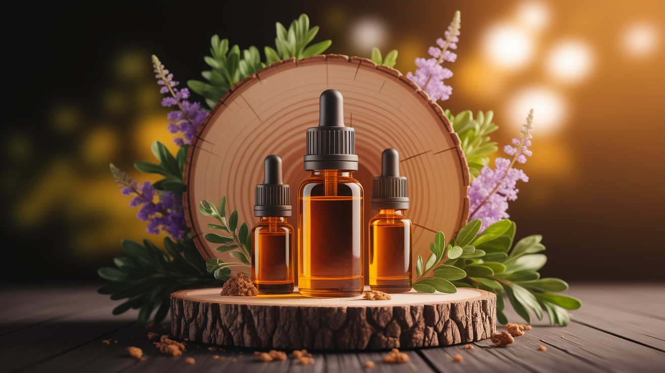 A conceptual illustration representing How Essential Oils Interact with Hyperosmia. Visualize the main ideas: . Creative but clear representation of the concept. Style: Use shallow depth of field with selective focus to create a professional, intimate feel Employ warm, natural lighting that casts a honey-golden glow on the main subjects Position items on a rustic wooden surface, preferably a cross-section of a tree trunk with visible rings and natural texture Incorporate vibrant green foliage and delicate purple flowers around the composition's edges Maintain a soft, gently blurred natural background with subtle bokeh effect Feature a harmonious color palette of amber, deep greens, and soft purples Arrange elements at varying heights to create visual interest and natural flow Create a clean, uncluttered composition that feels organic yet intentional Capture fine details and textures with macro-photography techniques Evoke a serene, botanical spa-like atmosphere that feels both premium and natural. high quality, detailed, professional, clean composition, good lighting, sharp focus, well-composed. high quality, professional, detailed, well-composed