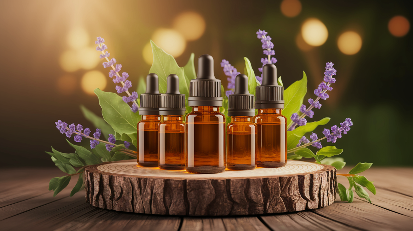 A conceptual illustration representing Safe Selection and Use of Essential Oils. Visualize the main ideas: . Creative but clear representation of the concept. Style: Use shallow depth of field with selective focus to create a professional, intimate feel Employ warm, natural lighting that casts a honey-golden glow on the main subjects Position items on a rustic wooden surface, preferably a cross-section of a tree trunk with visible rings and natural texture Incorporate vibrant green foliage and delicate purple flowers around the composition's edges Maintain a soft, gently blurred natural background with subtle bokeh effect Feature a harmonious color palette of amber, deep greens, and soft purples Arrange elements at varying heights to create visual interest and natural flow Create a clean, uncluttered composition that feels organic yet intentional Capture fine details and textures with macro-photography techniques Evoke a serene, botanical spa-like atmosphere that feels both premium and natural. high quality, detailed, professional, clean composition, good lighting, sharp focus, well-composed. high quality, professional, detailed, well-composed
