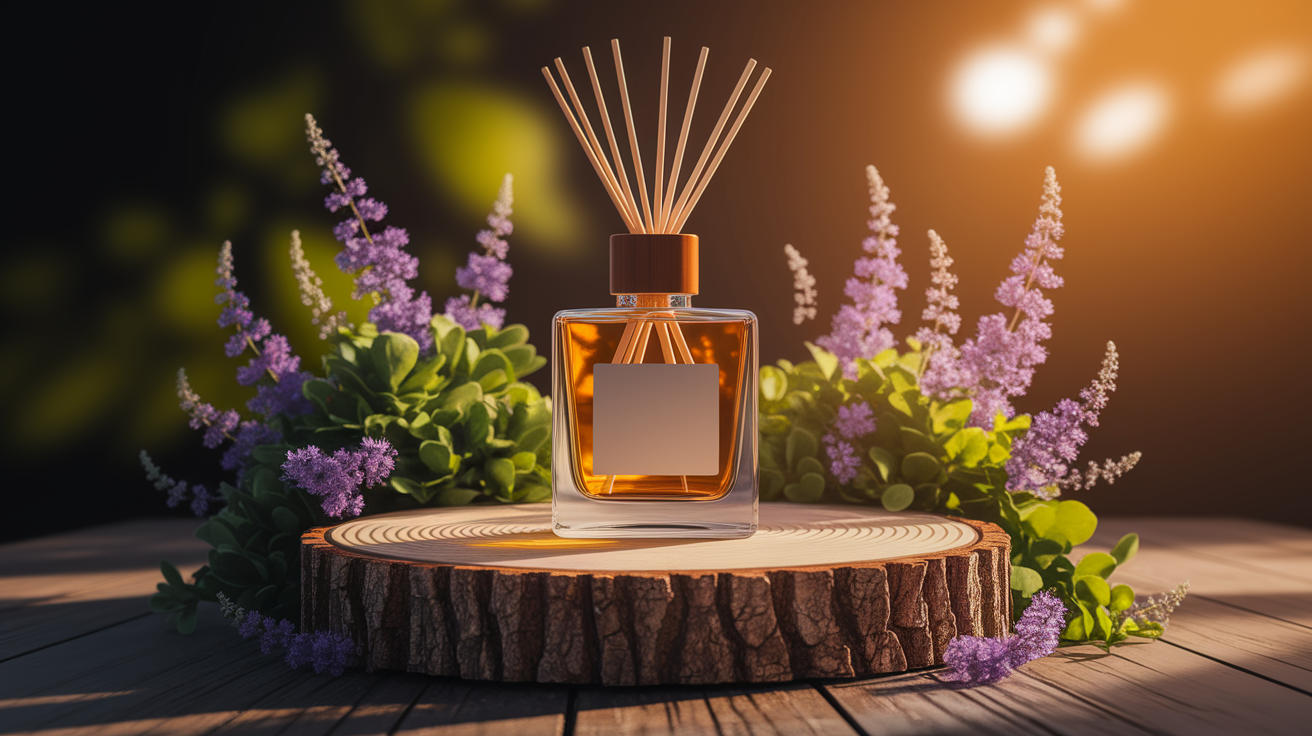 A conceptual illustration representing Olfactory Training Adapted for Hyperosmia. Visualize the main ideas: . Creative but clear representation of the concept. Style: Use shallow depth of field with selective focus to create a professional, intimate feel Employ warm, natural lighting that casts a honey-golden glow on the main subjects Position items on a rustic wooden surface, preferably a cross-section of a tree trunk with visible rings and natural texture Incorporate vibrant green foliage and delicate purple flowers around the composition's edges Maintain a soft, gently blurred natural background with subtle bokeh effect Feature a harmonious color palette of amber, deep greens, and soft purples Arrange elements at varying heights to create visual interest and natural flow Create a clean, uncluttered composition that feels organic yet intentional Capture fine details and textures with macro-photography techniques Evoke a serene, botanical spa-like atmosphere that feels both premium and natural. high quality, detailed, professional, clean composition, good lighting, sharp focus, well-composed. high quality, professional, detailed, well-composed
