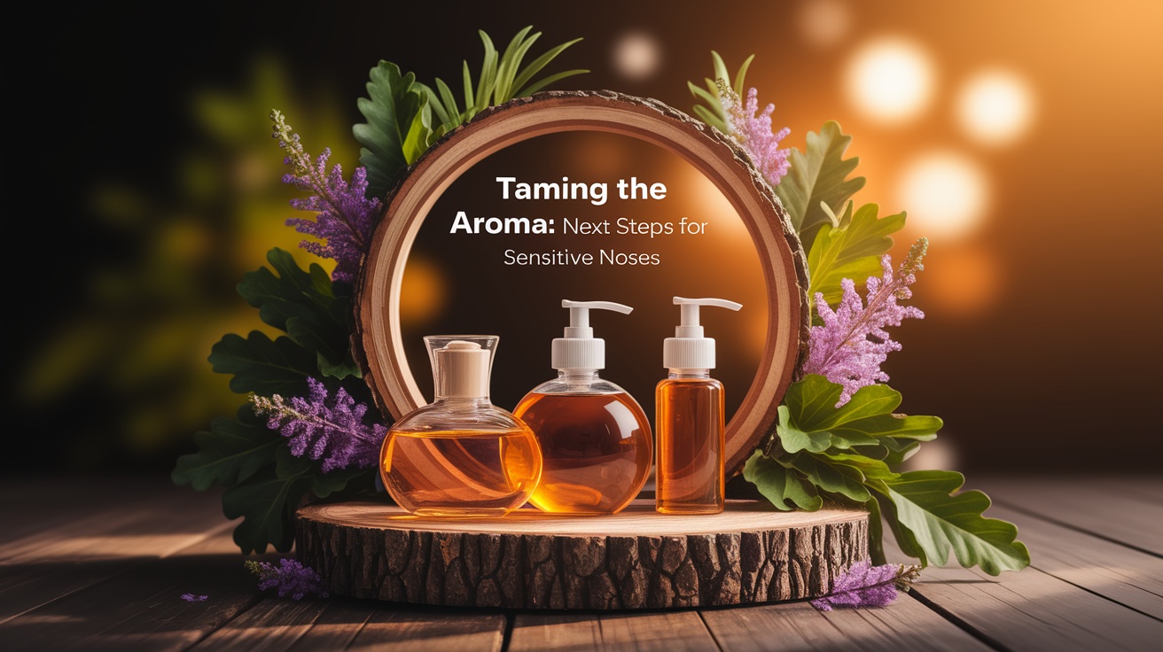 A conceptual illustration representing Taming the Aroma: Next Steps for Sensitive Noses. Visualize the main ideas: . Creative but clear representation of the concept. Style: Use shallow depth of field with selective focus to create a professional, intimate feel Employ warm, natural lighting that casts a honey-golden glow on the main subjects Position items on a rustic wooden surface, preferably a cross-section of a tree trunk with visible rings and natural texture Incorporate vibrant green foliage and delicate purple flowers around the composition's edges Maintain a soft, gently blurred natural background with subtle bokeh effect Feature a harmonious color palette of amber, deep greens, and soft purples Arrange elements at varying heights to create visual interest and natural flow Create a clean, uncluttered composition that feels organic yet intentional Capture fine details and textures with macro-photography techniques Evoke a serene, botanical spa-like atmosphere that feels both premium and natural. high quality, detailed, professional, clean composition, good lighting, sharp focus, well-composed. high quality, professional, detailed, well-composed