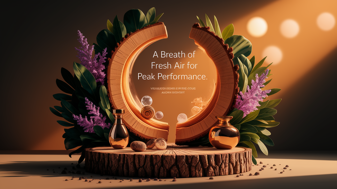 A conceptual illustration representing A Breath of Fresh Air for Peak Performance. Visualize the main ideas: . Creative but clear representation of the concept. Style: Use shallow depth of field with selective focus to create a professional, intimate feel Employ warm, natural lighting that casts a honey-golden glow on the main subjects Position items on a rustic wooden surface, preferably a cross-section of a tree trunk with visible rings and natural texture Incorporate vibrant green foliage and delicate purple flowers around the composition's edges Maintain a soft, gently blurred natural background with subtle bokeh effect Feature a harmonious color palette of amber, deep greens, and soft purples Arrange elements at varying heights to create visual interest and natural flow Create a clean, uncluttered composition that feels organic yet intentional Capture fine details and textures with macro-photography techniques Evoke a serene, botanical spa-like atmosphere that feels both premium and natural. high quality, detailed, professional, clean composition, good lighting, sharp focus, well-composed. high quality, professional, detailed, well-composed