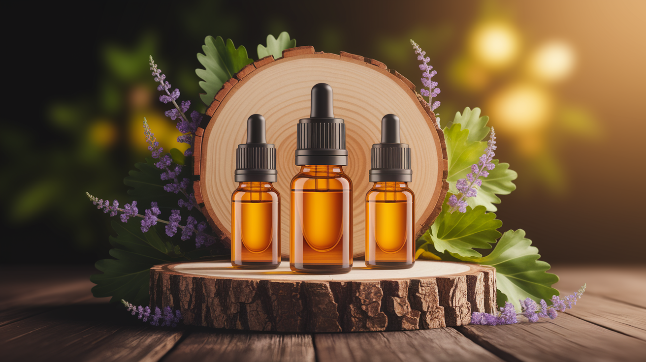 A conceptual illustration representing Top Essential Oils for Exam Focus. Visualize the main ideas: . Creative but clear representation of the concept. Style: Use shallow depth of field with selective focus to create a professional, intimate feel Employ warm, natural lighting that casts a honey-golden glow on the main subjects Position items on a rustic wooden surface, preferably a cross-section of a tree trunk with visible rings and natural texture Incorporate vibrant green foliage and delicate purple flowers around the composition's edges Maintain a soft, gently blurred natural background with subtle bokeh effect Feature a harmonious color palette of amber, deep greens, and soft purples Arrange elements at varying heights to create visual interest and natural flow Create a clean, uncluttered composition that feels organic yet intentional Capture fine details and textures with macro-photography techniques Evoke a serene, botanical spa-like atmosphere that feels both premium and natural. high quality, detailed, professional, clean composition, good lighting, sharp focus, well-composed. high quality, professional, detailed, well-composed