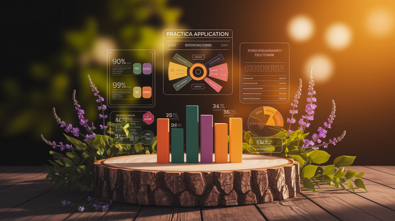 A clean, professional data visualization or infographic related to Practical Application in Study Sessions. Include elements like charts, graphs, or statistical representations. Focus on . Style: Use shallow depth of field with selective focus to create a professional, intimate feel Employ warm, natural lighting that casts a honey-golden glow on the main subjects Position items on a rustic wooden surface, preferably a cross-section of a tree trunk with visible rings and natural texture Incorporate vibrant green foliage and delicate purple flowers around the composition's edges Maintain a soft, gently blurred natural background with subtle bokeh effect Feature a harmonious color palette of amber, deep greens, and soft purples Arrange elements at varying heights to create visual interest and natural flow Create a clean, uncluttered composition that feels organic yet intentional Capture fine details and textures with macro-photography techniques Evoke a serene, botanical spa-like atmosphere that feels both premium and natural. high quality, detailed, professional, clean composition, good lighting, sharp focus, well-composed. high quality, professional, detailed, well-composed