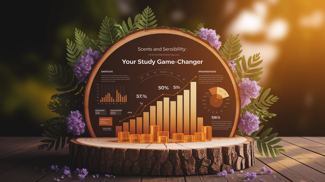 A clean, professional data visualization or infographic related to Scents and Sensibility: Your Study Game-Changer. Include elements like charts, graphs, or statistical representations. Focus on . Style: Use shallow depth of field with selective focus to create a professional, intimate feel Employ warm, natural lighting that casts a honey-golden glow on the main subjects Position items on a rustic wooden surface, preferably a cross-section of a tree trunk with visible rings and natural texture Incorporate vibrant green foliage and delicate purple flowers around the composition's edges Maintain a soft, gently blurred natural background with subtle bokeh effect Feature a harmonious color palette of amber, deep greens, and soft purples Arrange elements at varying heights to create visual interest and natural flow Create a clean, uncluttered composition that feels organic yet intentional Capture fine details and textures with macro-photography techniques Evoke a serene, botanical spa-like atmosphere that feels both premium and natural. high quality, detailed, professional, clean composition, good lighting, sharp focus, well-composed. high quality, professional, detailed, well-composed