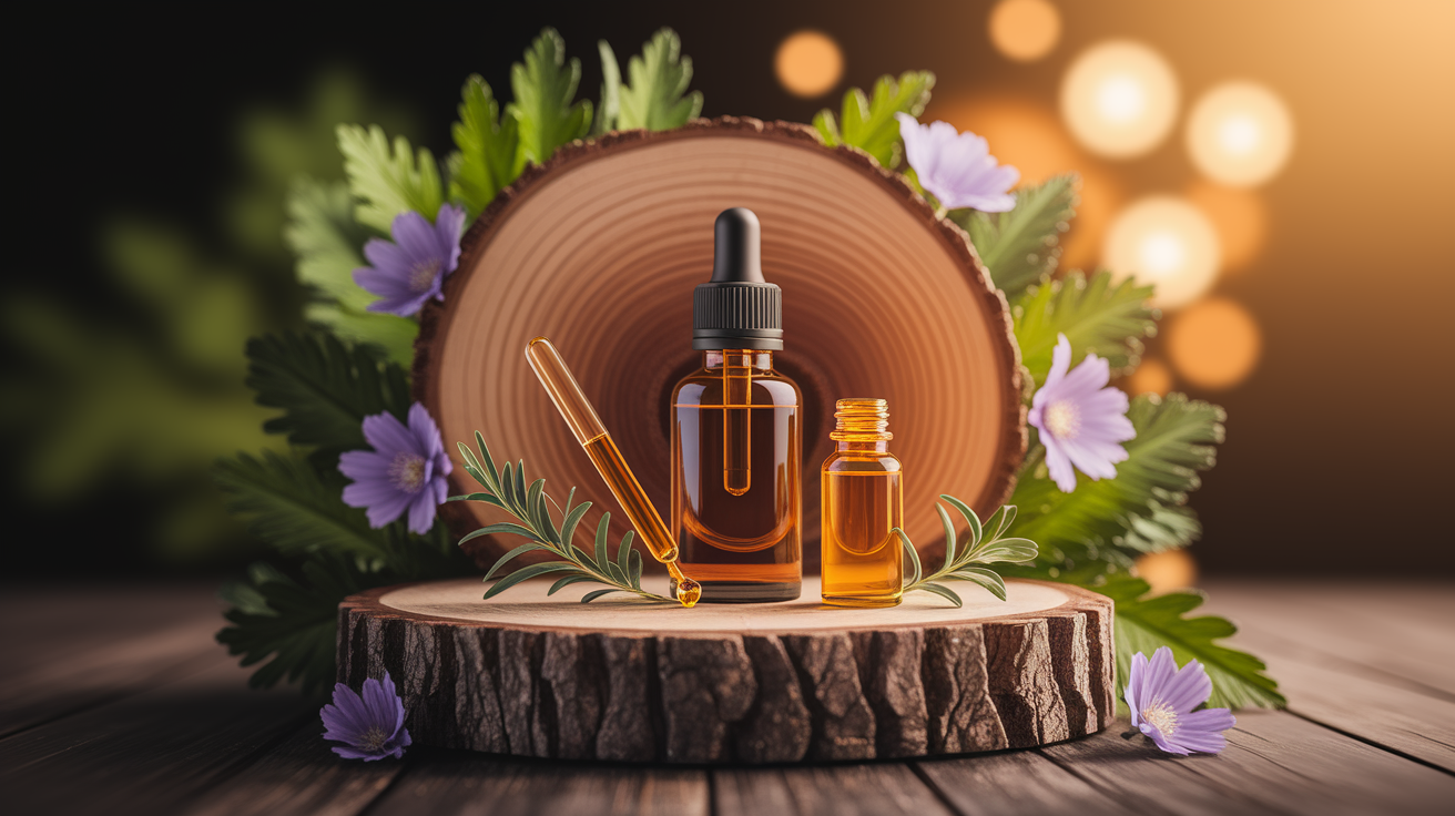 A conceptual illustration representing Healing Scents: Essential Oils in Physiotherapy. Visualize the main ideas: . Creative but clear representation of the concept. Style: Use shallow depth of field with selective focus to create a professional, intimate feel Employ warm, natural lighting that casts a honey-golden glow on the main subjects Position items on a rustic wooden surface, preferably a cross-section of a tree trunk with visible rings and natural texture Incorporate vibrant green foliage and delicate purple flowers around the composition's edges Maintain a soft, gently blurred natural background with subtle bokeh effect Feature a harmonious color palette of amber, deep greens, and soft purples Arrange elements at varying heights to create visual interest and natural flow Create a clean, uncluttered composition that feels organic yet intentional Capture fine details and textures with macro-photography techniques Evoke a serene, botanical spa-like atmosphere that feels both premium and natural. high quality, detailed, professional, clean composition, good lighting, sharp focus, well-composed. high quality, professional, detailed, well-composed