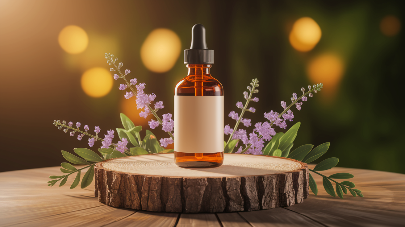 A conceptual illustration representing Topical Applications: Targeted Pain and Stiffness Relief. Visualize the main ideas: . Creative but clear representation of the concept. Style: Use shallow depth of field with selective focus to create a professional, intimate feel Employ warm, natural lighting that casts a honey-golden glow on the main subjects Position items on a rustic wooden surface, preferably a cross-section of a tree trunk with visible rings and natural texture Incorporate vibrant green foliage and delicate purple flowers around the composition's edges Maintain a soft, gently blurred natural background with subtle bokeh effect Feature a harmonious color palette of amber, deep greens, and soft purples Arrange elements at varying heights to create visual interest and natural flow Create a clean, uncluttered composition that feels organic yet intentional Capture fine details and textures with macro-photography techniques Evoke a serene, botanical spa-like atmosphere that feels both premium and natural. high quality, detailed, professional, clean composition, good lighting, sharp focus, well-composed. high quality, professional, detailed, well-composed