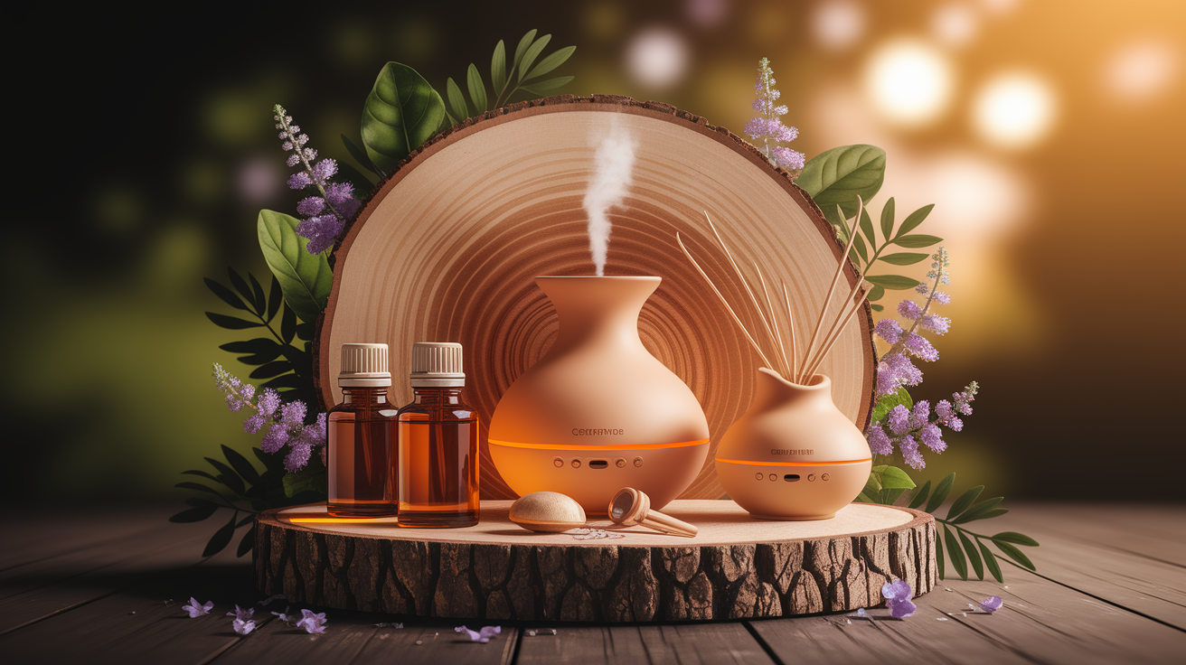 A conceptual illustration representing Aromatherapy in Practice: Enhancing Patient Experience. Visualize the main ideas: . Creative but clear representation of the concept. Style: Use shallow depth of field with selective focus to create a professional, intimate feel Employ warm, natural lighting that casts a honey-golden glow on the main subjects Position items on a rustic wooden surface, preferably a cross-section of a tree trunk with visible rings and natural texture Incorporate vibrant green foliage and delicate purple flowers around the composition's edges Maintain a soft, gently blurred natural background with subtle bokeh effect Feature a harmonious color palette of amber, deep greens, and soft purples Arrange elements at varying heights to create visual interest and natural flow Create a clean, uncluttered composition that feels organic yet intentional Capture fine details and textures with macro-photography techniques Evoke a serene, botanical spa-like atmosphere that feels both premium and natural. high quality, detailed, professional, clean composition, good lighting, sharp focus, well-composed. high quality, professional, detailed, well-composed