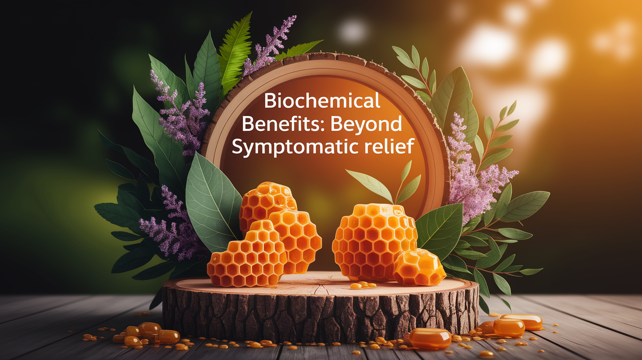 A conceptual illustration representing Biochemical Benefits: Beyond Symptomatic Relief. Visualize the main ideas: . Creative but clear representation of the concept. Style: Use shallow depth of field with selective focus to create a professional, intimate feel Employ warm, natural lighting that casts a honey-golden glow on the main subjects Position items on a rustic wooden surface, preferably a cross-section of a tree trunk with visible rings and natural texture Incorporate vibrant green foliage and delicate purple flowers around the composition's edges Maintain a soft, gently blurred natural background with subtle bokeh effect Feature a harmonious color palette of amber, deep greens, and soft purples Arrange elements at varying heights to create visual interest and natural flow Create a clean, uncluttered composition that feels organic yet intentional Capture fine details and textures with macro-photography techniques Evoke a serene, botanical spa-like atmosphere that feels both premium and natural. high quality, detailed, professional, clean composition, good lighting, sharp focus, well-composed. high quality, professional, detailed, well-composed