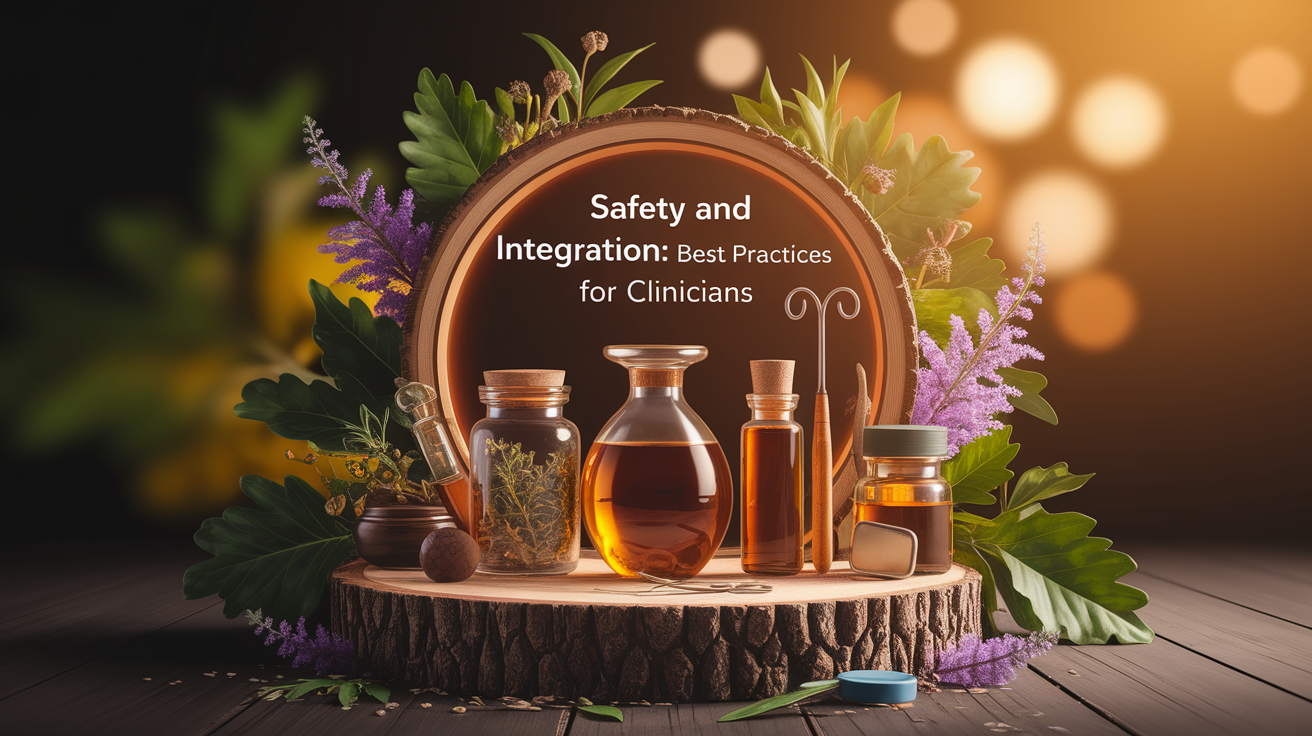 A conceptual illustration representing Safety and Integration: Best Practices for Clinicians. Visualize the main ideas: . Creative but clear representation of the concept. Style: Use shallow depth of field with selective focus to create a professional, intimate feel Employ warm, natural lighting that casts a honey-golden glow on the main subjects Position items on a rustic wooden surface, preferably a cross-section of a tree trunk with visible rings and natural texture Incorporate vibrant green foliage and delicate purple flowers around the composition's edges Maintain a soft, gently blurred natural background with subtle bokeh effect Feature a harmonious color palette of amber, deep greens, and soft purples Arrange elements at varying heights to create visual interest and natural flow Create a clean, uncluttered composition that feels organic yet intentional Capture fine details and textures with macro-photography techniques Evoke a serene, botanical spa-like atmosphere that feels both premium and natural. high quality, detailed, professional, clean composition, good lighting, sharp focus, well-composed. high quality, professional, detailed, well-composed