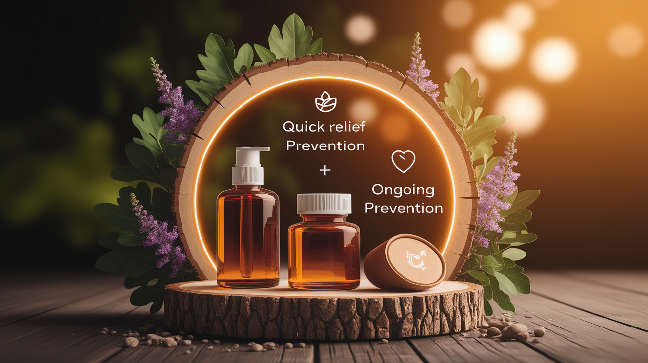 A conceptual illustration representing Quick Relief and Ongoing Prevention. Visualize the main ideas: . Creative but clear representation of the concept. Style: Use shallow depth of field with selective focus to create a professional, intimate feel  Employ warm, natural lighting that casts a honey-golden glow on the main subjects  Position items on a rustic wooden surface, preferably a cross-section of a tree trunk with visible rings and natural texture  Incorporate vibrant green foliage and delicate purple flowers around the composition's edges  Maintain a soft, gently blurred natural background with subtle bokeh effect  Feature a harmonious color palette of amber, deep greens, and soft purples  Arrange elements at varying heights to create visual interest and natural flow  Create a clean, uncluttered composition that feels organic yet intentional  Capture fine details and textures with macro-photography techniques  Evoke a serene, botanical spa-like atmosphere that feels both premium and natural. high quality, detailed, professional, clean composition, good lighting, sharp focus, well-composed. high quality, professional, detailed, well-composed