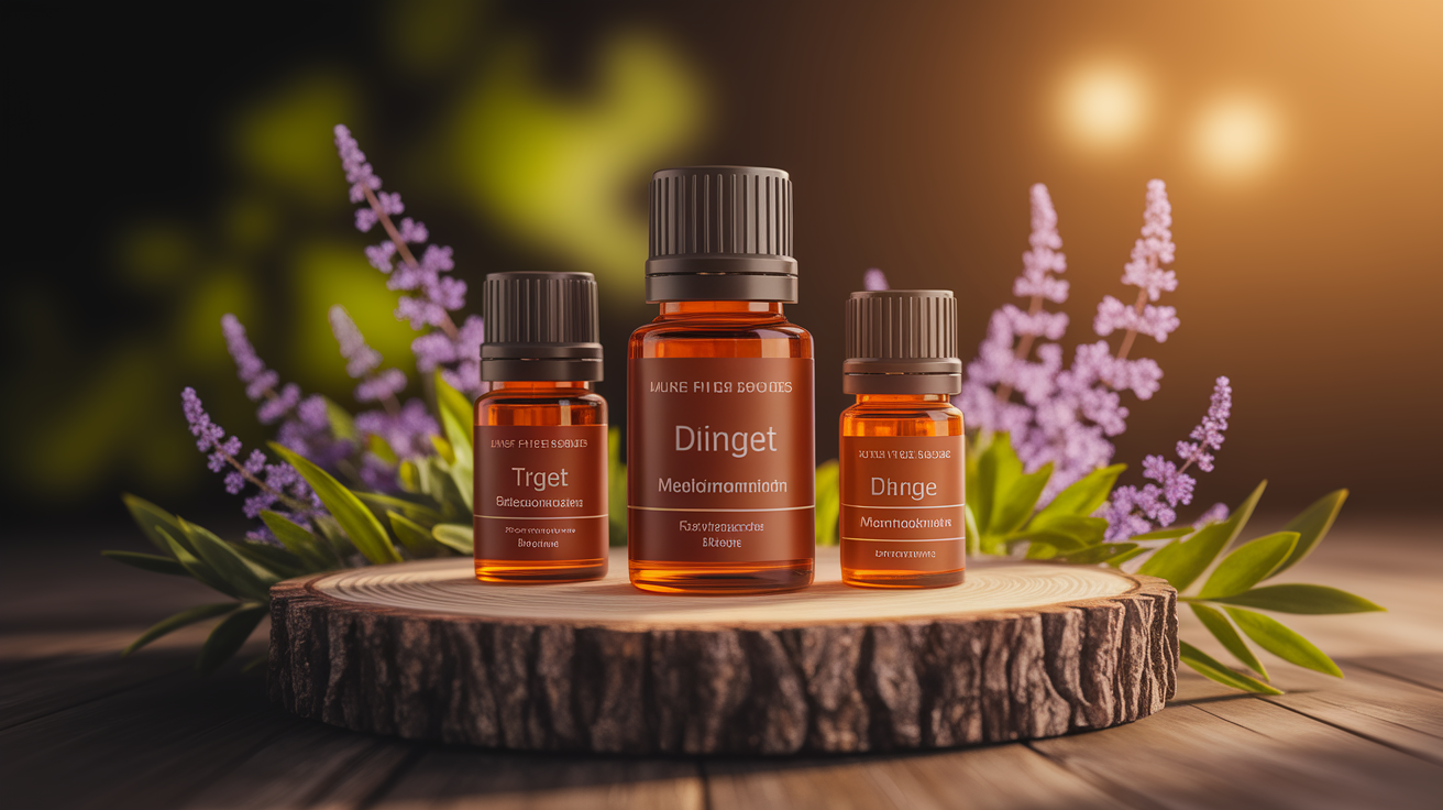 A conceptual illustration representing How Essential Oils Target Migraine Mechanisms. Visualize the main ideas: . Creative but clear representation of the concept. Style: Use shallow depth of field with selective focus to create a professional, intimate feel  Employ warm, natural lighting that casts a honey-golden glow on the main subjects  Position items on a rustic wooden surface, preferably a cross-section of a tree trunk with visible rings and natural texture  Incorporate vibrant green foliage and delicate purple flowers around the composition's edges  Maintain a soft, gently blurred natural background with subtle bokeh effect  Feature a harmonious color palette of amber, deep greens, and soft purples  Arrange elements at varying heights to create visual interest and natural flow  Create a clean, uncluttered composition that feels organic yet intentional  Capture fine details and textures with macro-photography techniques  Evoke a serene, botanical spa-like atmosphere that feels both premium and natural. high quality, detailed, professional, clean composition, good lighting, sharp focus, well-composed. high quality, professional, detailed, well-composed