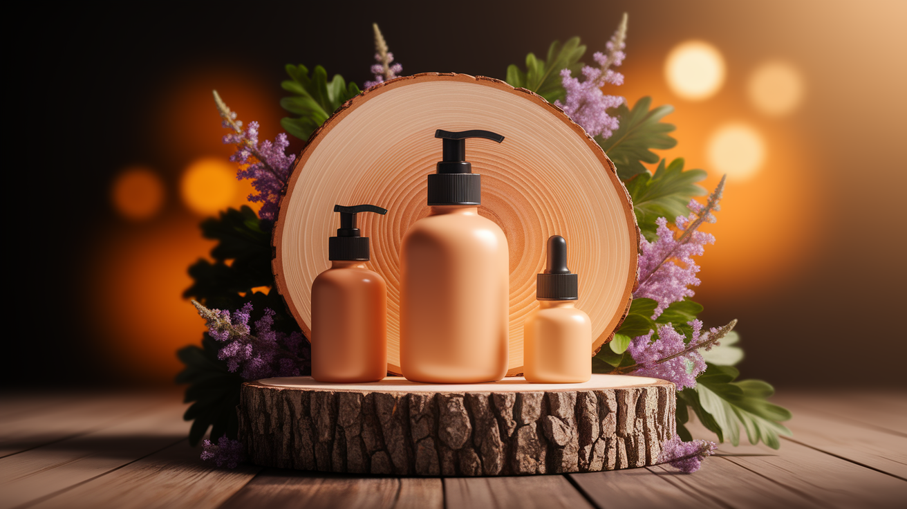 A conceptual illustration representing Safe and Effective Application Methods. Visualize the main ideas: . Creative but clear representation of the concept. Style: Use shallow depth of field with selective focus to create a professional, intimate feel  Employ warm, natural lighting that casts a honey-golden glow on the main subjects  Position items on a rustic wooden surface, preferably a cross-section of a tree trunk with visible rings and natural texture  Incorporate vibrant green foliage and delicate purple flowers around the composition's edges  Maintain a soft, gently blurred natural background with subtle bokeh effect  Feature a harmonious color palette of amber, deep greens, and soft purples  Arrange elements at varying heights to create visual interest and natural flow  Create a clean, uncluttered composition that feels organic yet intentional  Capture fine details and textures with macro-photography techniques  Evoke a serene, botanical spa-like atmosphere that feels both premium and natural. high quality, detailed, professional, clean composition, good lighting, sharp focus, well-composed. high quality, professional, detailed, well-composed