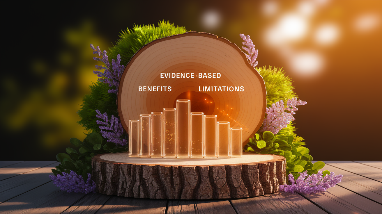 A conceptual illustration representing Evidence-Based Benefits and Limitations. Visualize the main ideas: . Creative but clear representation of the concept. Style: Use shallow depth of field with selective focus to create a professional, intimate feel  Employ warm, natural lighting that casts a honey-golden glow on the main subjects  Position items on a rustic wooden surface, preferably a cross-section of a tree trunk with visible rings and natural texture  Incorporate vibrant green foliage and delicate purple flowers around the composition's edges  Maintain a soft, gently blurred natural background with subtle bokeh effect  Feature a harmonious color palette of amber, deep greens, and soft purples  Arrange elements at varying heights to create visual interest and natural flow  Create a clean, uncluttered composition that feels organic yet intentional  Capture fine details and textures with macro-photography techniques  Evoke a serene, botanical spa-like atmosphere that feels both premium and natural. high quality, detailed, professional, clean composition, good lighting, sharp focus, well-composed. high quality, professional, detailed, well-composed