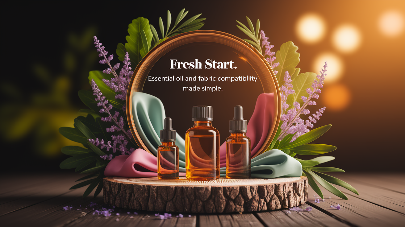 A conceptual illustration representing Fresh Start: Essential Oil and Fabric Compatibility Made Simple. Visualize the main ideas: . Creative but clear representation of the concept. Style: Use shallow depth of field with selective focus to create a professional, intimate feel  Employ warm, natural lighting that casts a honey-golden glow on the main subjects  Position items on a rustic wooden surface, preferably a cross-section of a tree trunk with visible rings and natural texture  Incorporate vibrant green foliage and delicate purple flowers around the composition's edges  Maintain a soft, gently blurred natural background with subtle bokeh effect  Feature a harmonious color palette of amber, deep greens, and soft purples  Arrange elements at varying heights to create visual interest and natural flow  Create a clean, uncluttered composition that feels organic yet intentional  Capture fine details and textures with macro-photography techniques  Evoke a serene, botanical spa-like atmosphere that feels both premium and natural. high quality, detailed, professional, clean composition, good lighting, sharp focus, well-composed. high quality, professional, detailed, well-composed
