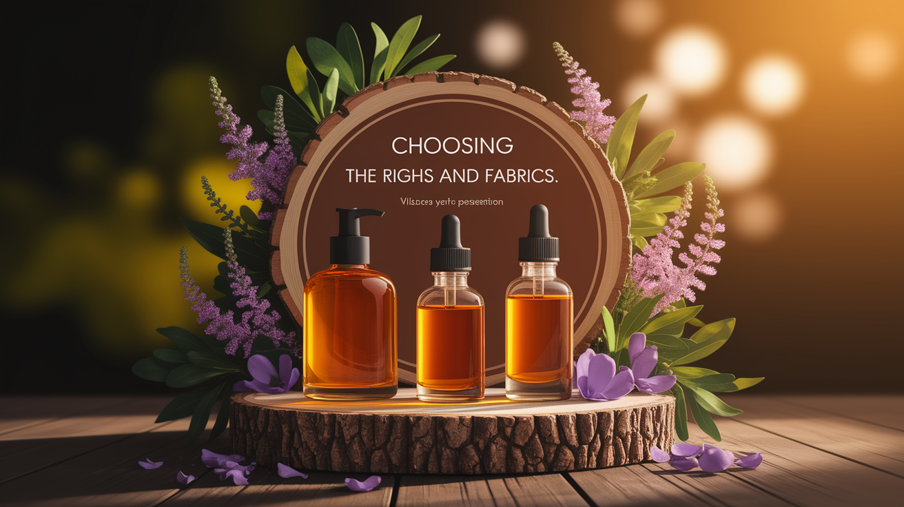A conceptual illustration representing Choosing the Right Oils and Fabrics. Visualize the main ideas: . Creative but clear representation of the concept. Style: Use shallow depth of field with selective focus to create a professional, intimate feel  Employ warm, natural lighting that casts a honey-golden glow on the main subjects  Position items on a rustic wooden surface, preferably a cross-section of a tree trunk with visible rings and natural texture  Incorporate vibrant green foliage and delicate purple flowers around the composition's edges  Maintain a soft, gently blurred natural background with subtle bokeh effect  Feature a harmonious color palette of amber, deep greens, and soft purples  Arrange elements at varying heights to create visual interest and natural flow  Create a clean, uncluttered composition that feels organic yet intentional  Capture fine details and textures with macro-photography techniques  Evoke a serene, botanical spa-like atmosphere that feels both premium and natural. high quality, detailed, professional, clean composition, good lighting, sharp focus, well-composed. high quality, professional, detailed, well-composed