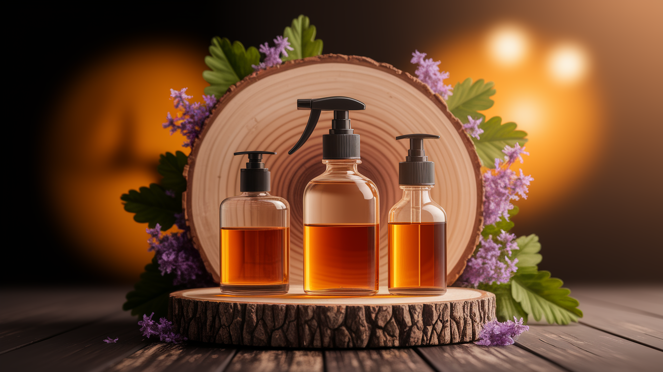 A conceptual illustration representing Proper Dilution and Application Methods. Visualize the main ideas: . Creative but clear representation of the concept. Style: Use shallow depth of field with selective focus to create a professional, intimate feel  Employ warm, natural lighting that casts a honey-golden glow on the main subjects  Position items on a rustic wooden surface, preferably a cross-section of a tree trunk with visible rings and natural texture  Incorporate vibrant green foliage and delicate purple flowers around the composition's edges  Maintain a soft, gently blurred natural background with subtle bokeh effect  Feature a harmonious color palette of amber, deep greens, and soft purples  Arrange elements at varying heights to create visual interest and natural flow  Create a clean, uncluttered composition that feels organic yet intentional  Capture fine details and textures with macro-photography techniques  Evoke a serene, botanical spa-like atmosphere that feels both premium and natural. high quality, detailed, professional, clean composition, good lighting, sharp focus, well-composed. high quality, professional, detailed, well-composed