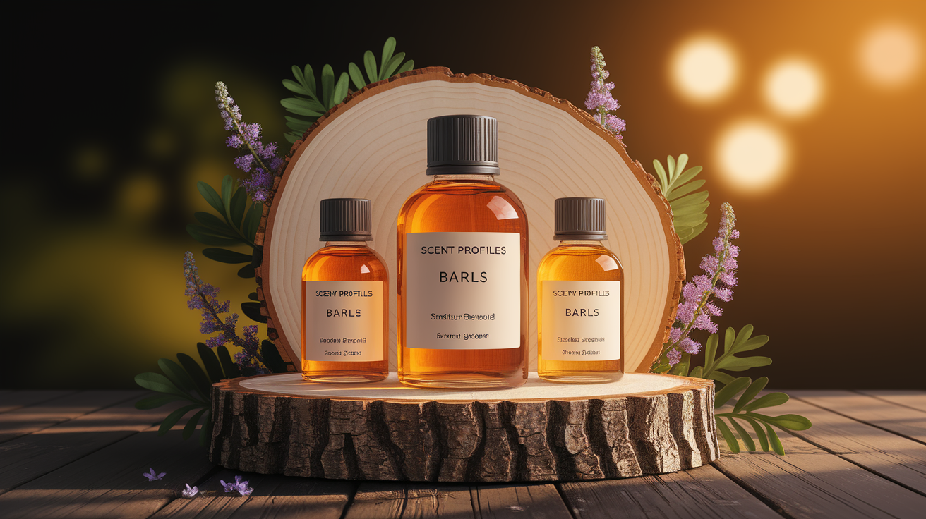 A conceptual illustration representing Scent Profiles and Fabric Benefits. Visualize the main ideas: . Creative but clear representation of the concept. Style: Use shallow depth of field with selective focus to create a professional, intimate feel  Employ warm, natural lighting that casts a honey-golden glow on the main subjects  Position items on a rustic wooden surface, preferably a cross-section of a tree trunk with visible rings and natural texture  Incorporate vibrant green foliage and delicate purple flowers around the composition's edges  Maintain a soft, gently blurred natural background with subtle bokeh effect  Feature a harmonious color palette of amber, deep greens, and soft purples  Arrange elements at varying heights to create visual interest and natural flow  Create a clean, uncluttered composition that feels organic yet intentional  Capture fine details and textures with macro-photography techniques  Evoke a serene, botanical spa-like atmosphere that feels both premium and natural. high quality, detailed, professional, clean composition, good lighting, sharp focus, well-composed. high quality, professional, detailed, well-composed