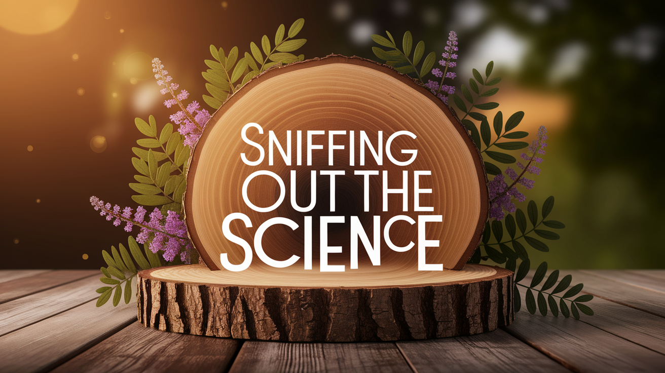 A conceptual illustration representing Sniffing Out the Science. Visualize the main ideas: . Creative but clear representation of the concept. Style: Use shallow depth of field with selective focus to create a professional, intimate feel  Employ warm, natural lighting that casts a honey-golden glow on the main subjects  Position items on a rustic wooden surface, preferably a cross-section of a tree trunk with visible rings and natural texture  Incorporate vibrant green foliage and delicate purple flowers around the composition's edges  Maintain a soft, gently blurred natural background with subtle bokeh effect  Feature a harmonious color palette of amber, deep greens, and soft purples  Arrange elements at varying heights to create visual interest and natural flow  Create a clean, uncluttered composition that feels organic yet intentional  Capture fine details and textures with macro-photography techniques  Evoke a serene, botanical spa-like atmosphere that feels both premium and natural. high quality, detailed, professional, clean composition, good lighting, sharp focus, well-composed. high quality, professional, detailed, well-composed