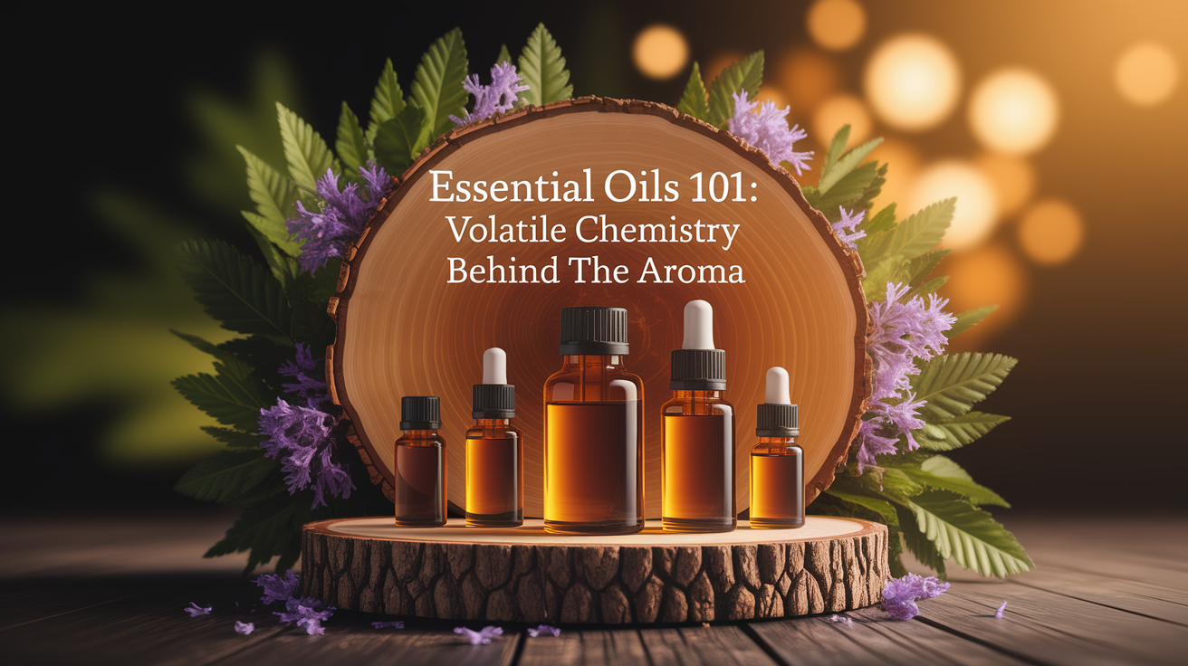 A conceptual illustration representing Essential Oils 101: Volatile Chemistry Behind the Aroma. Visualize the main ideas: . Creative but clear representation of the concept. Style: Use shallow depth of field with selective focus to create a professional, intimate feel  Employ warm, natural lighting that casts a honey-golden glow on the main subjects  Position items on a rustic wooden surface, preferably a cross-section of a tree trunk with visible rings and natural texture  Incorporate vibrant green foliage and delicate purple flowers around the composition's edges  Maintain a soft, gently blurred natural background with subtle bokeh effect  Feature a harmonious color palette of amber, deep greens, and soft purples  Arrange elements at varying heights to create visual interest and natural flow  Create a clean, uncluttered composition that feels organic yet intentional  Capture fine details and textures with macro-photography techniques  Evoke a serene, botanical spa-like atmosphere that feels both premium and natural. high quality, detailed, professional, clean composition, good lighting, sharp focus, well-composed. high quality, professional, detailed, well-composed