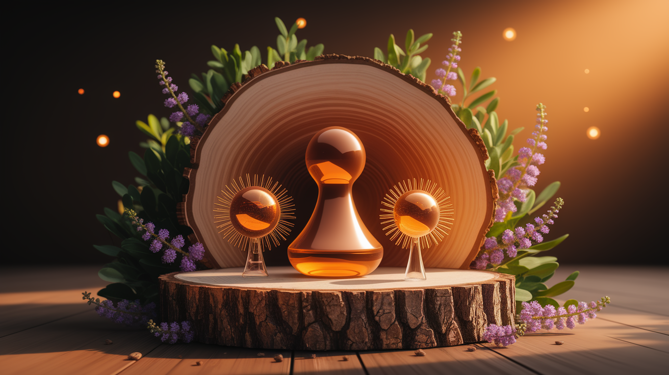 A conceptual illustration representing Olfactory Receptors: Your Molecular Nose. Visualize the main ideas: . Creative but clear representation of the concept. Style: Use shallow depth of field with selective focus to create a professional, intimate feel  Employ warm, natural lighting that casts a honey-golden glow on the main subjects  Position items on a rustic wooden surface, preferably a cross-section of a tree trunk with visible rings and natural texture  Incorporate vibrant green foliage and delicate purple flowers around the composition's edges  Maintain a soft, gently blurred natural background with subtle bokeh effect  Feature a harmonious color palette of amber, deep greens, and soft purples  Arrange elements at varying heights to create visual interest and natural flow  Create a clean, uncluttered composition that feels organic yet intentional  Capture fine details and textures with macro-photography techniques  Evoke a serene, botanical spa-like atmosphere that feels both premium and natural. high quality, detailed, professional, clean composition, good lighting, sharp focus, well-composed. high quality, professional, detailed, well-composed