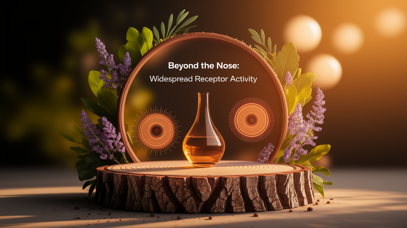 A conceptual illustration representing Beyond the Nose: Widespread Receptor Activity. Visualize the main ideas: . Creative but clear representation of the concept. Style: Use shallow depth of field with selective focus to create a professional, intimate feel  Employ warm, natural lighting that casts a honey-golden glow on the main subjects  Position items on a rustic wooden surface, preferably a cross-section of a tree trunk with visible rings and natural texture  Incorporate vibrant green foliage and delicate purple flowers around the composition's edges  Maintain a soft, gently blurred natural background with subtle bokeh effect  Feature a harmonious color palette of amber, deep greens, and soft purples  Arrange elements at varying heights to create visual interest and natural flow  Create a clean, uncluttered composition that feels organic yet intentional  Capture fine details and textures with macro-photography techniques  Evoke a serene, botanical spa-like atmosphere that feels both premium and natural. high quality, detailed, professional, clean composition, good lighting, sharp focus, well-composed. high quality, professional, detailed, well-composed