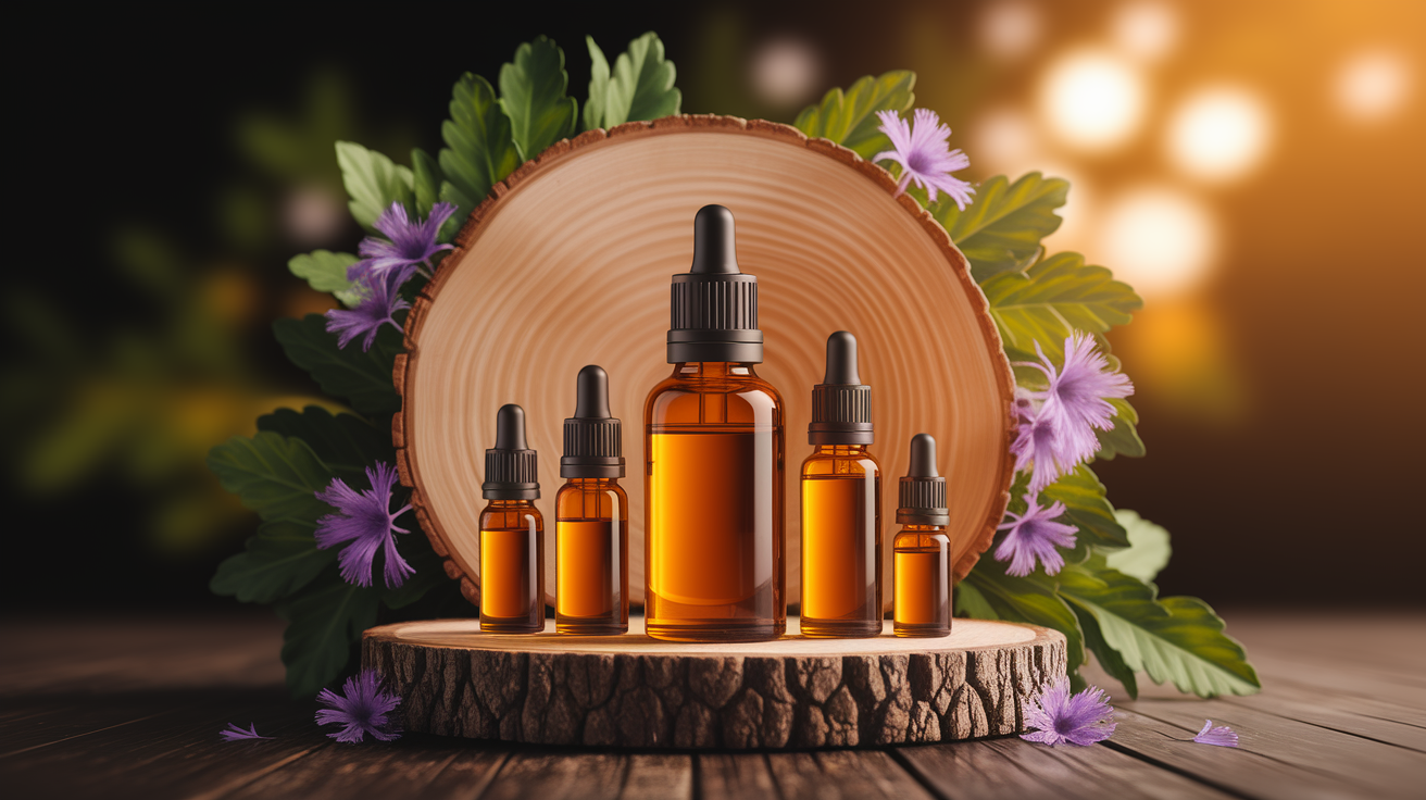 A conceptual illustration representing Training Your Senses: Olfactory Rehabilitation with Essential Oils. Visualize the main ideas: . Creative but clear representation of the concept. Style: Use shallow depth of field with selective focus to create a professional, intimate feel  Employ warm, natural lighting that casts a honey-golden glow on the main subjects  Position items on a rustic wooden surface, preferably a cross-section of a tree trunk with visible rings and natural texture  Incorporate vibrant green foliage and delicate purple flowers around the composition's edges  Maintain a soft, gently blurred natural background with subtle bokeh effect  Feature a harmonious color palette of amber, deep greens, and soft purples  Arrange elements at varying heights to create visual interest and natural flow  Create a clean, uncluttered composition that feels organic yet intentional  Capture fine details and textures with macro-photography techniques  Evoke a serene, botanical spa-like atmosphere that feels both premium and natural. high quality, detailed, professional, clean composition, good lighting, sharp focus, well-composed. high quality, professional, detailed, well-composed