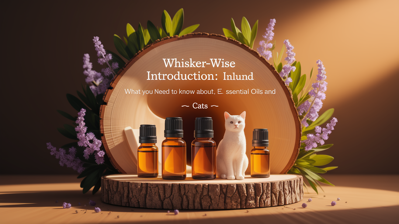 A conceptual illustration representing Whisker-Wise Introduction: What You Need to Know About Essential Oils and Cats. Visualize the main ideas: . Creative but clear representation of the concept. Style: Use shallow depth of field with selective focus to create a professional, intimate feel  Employ warm, natural lighting that casts a honey-golden glow on the main subjects  Position items on a rustic wooden surface, preferably a cross-section of a tree trunk with visible rings and natural texture  Incorporate vibrant green foliage and delicate purple flowers around the composition's edges  Maintain a soft, gently blurred natural background with subtle bokeh effect  Feature a harmonious color palette of amber, deep greens, and soft purples  Arrange elements at varying heights to create visual interest and natural flow  Create a clean, uncluttered composition that feels organic yet intentional  Capture fine details and textures with macro-photography techniques  Evoke a serene, botanical spa-like atmosphere that feels both premium and natural. high quality, detailed, professional, clean composition, good lighting, sharp focus, well-composed. high quality, professional, detailed, well-composed