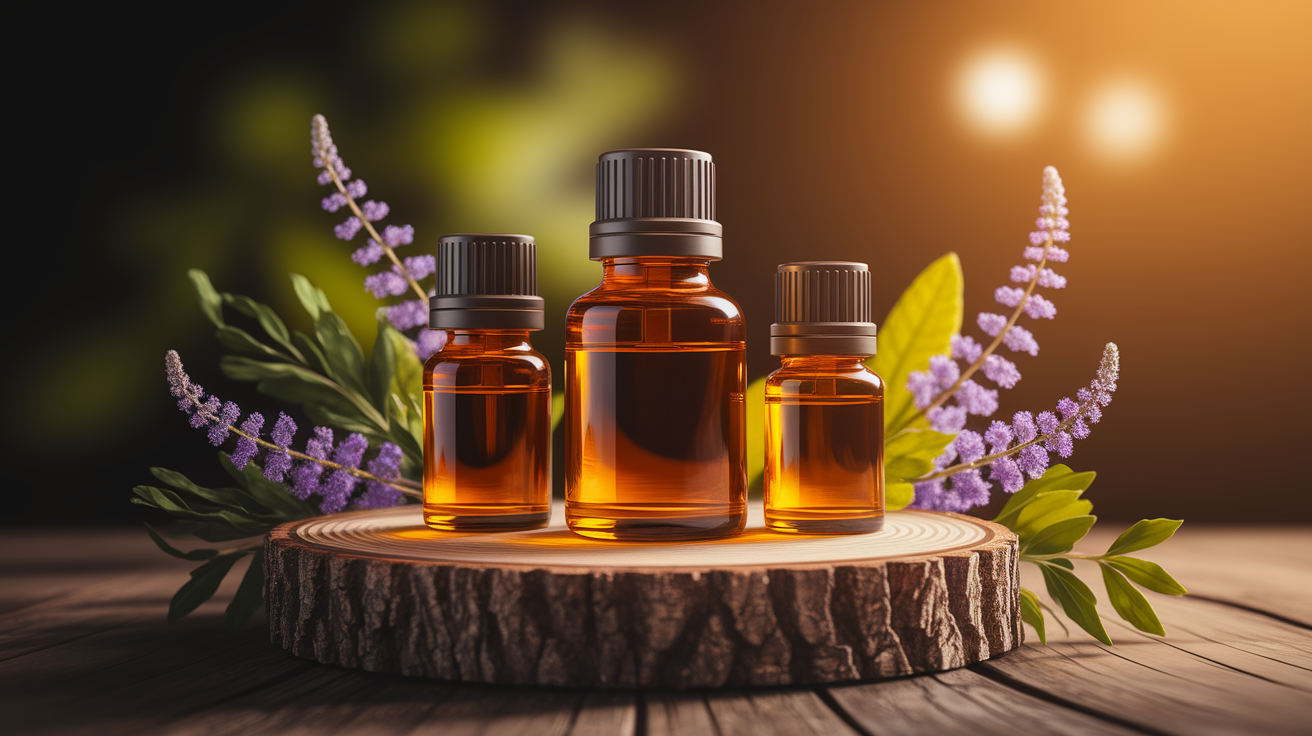 A conceptual illustration representing Why Cats Are Sensitive to Essential Oils. Visualize the main ideas: . Creative but clear representation of the concept. Style: Use shallow depth of field with selective focus to create a professional, intimate feel  Employ warm, natural lighting that casts a honey-golden glow on the main subjects  Position items on a rustic wooden surface, preferably a cross-section of a tree trunk with visible rings and natural texture  Incorporate vibrant green foliage and delicate purple flowers around the composition's edges  Maintain a soft, gently blurred natural background with subtle bokeh effect  Feature a harmonious color palette of amber, deep greens, and soft purples  Arrange elements at varying heights to create visual interest and natural flow  Create a clean, uncluttered composition that feels organic yet intentional  Capture fine details and textures with macro-photography techniques  Evoke a serene, botanical spa-like atmosphere that feels both premium and natural. high quality, detailed, professional, clean composition, good lighting, sharp focus, well-composed. high quality, professional, detailed, well-composed