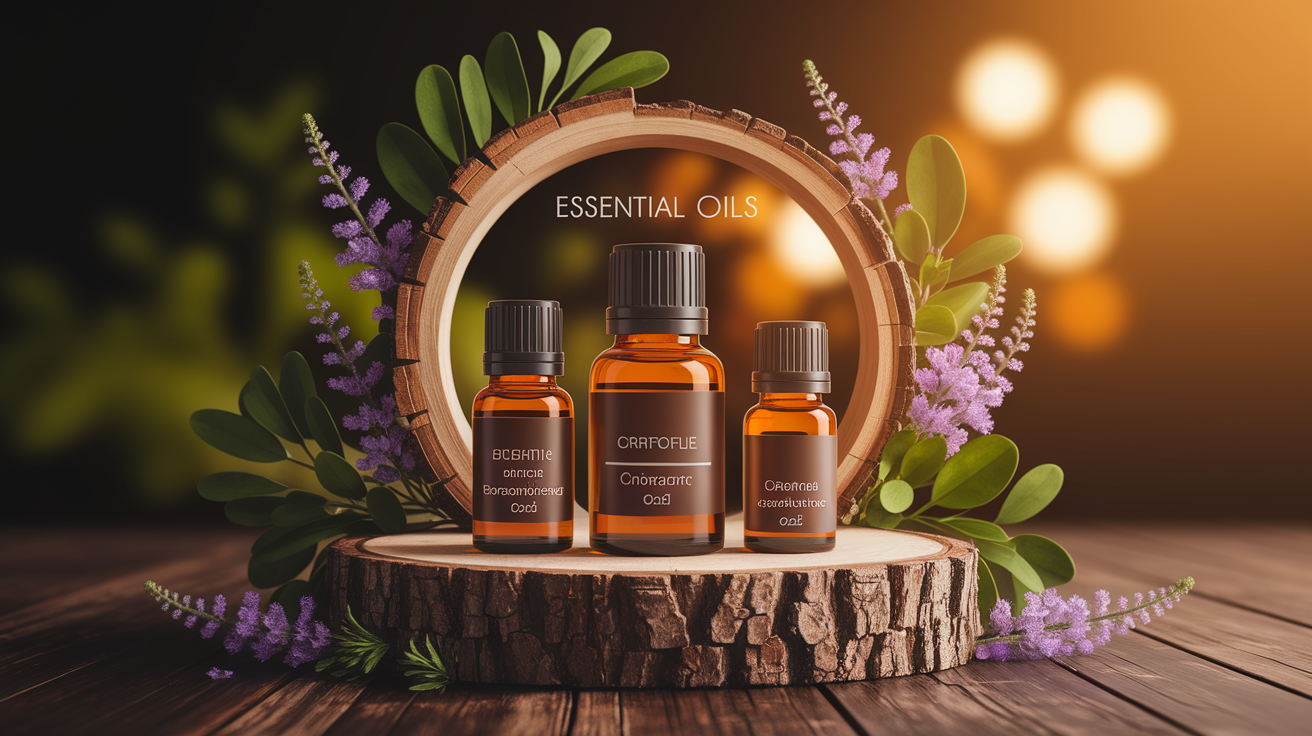 A conceptual illustration representing Essential Oils to Strictly Avoid Around Cats. Visualize the main ideas: . Creative but clear representation of the concept. Style: Use shallow depth of field with selective focus to create a professional, intimate feel  Employ warm, natural lighting that casts a honey-golden glow on the main subjects  Position items on a rustic wooden surface, preferably a cross-section of a tree trunk with visible rings and natural texture  Incorporate vibrant green foliage and delicate purple flowers around the composition's edges  Maintain a soft, gently blurred natural background with subtle bokeh effect  Feature a harmonious color palette of amber, deep greens, and soft purples  Arrange elements at varying heights to create visual interest and natural flow  Create a clean, uncluttered composition that feels organic yet intentional  Capture fine details and textures with macro-photography techniques  Evoke a serene, botanical spa-like atmosphere that feels both premium and natural. high quality, detailed, professional, clean composition, good lighting, sharp focus, well-composed. high quality, professional, detailed, well-composed
