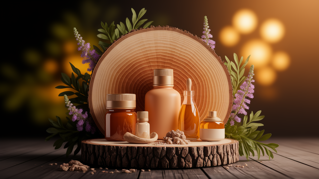 A conceptual illustration representing Safe Handling and Alternative Uses. Visualize the main ideas: . Creative but clear representation of the concept. Style: Use shallow depth of field with selective focus to create a professional, intimate feel  Employ warm, natural lighting that casts a honey-golden glow on the main subjects  Position items on a rustic wooden surface, preferably a cross-section of a tree trunk with visible rings and natural texture  Incorporate vibrant green foliage and delicate purple flowers around the composition's edges  Maintain a soft, gently blurred natural background with subtle bokeh effect  Feature a harmonious color palette of amber, deep greens, and soft purples  Arrange elements at varying heights to create visual interest and natural flow  Create a clean, uncluttered composition that feels organic yet intentional  Capture fine details and textures with macro-photography techniques  Evoke a serene, botanical spa-like atmosphere that feels both premium and natural. high quality, detailed, professional, clean composition, good lighting, sharp focus, well-composed. high quality, professional, detailed, well-composed