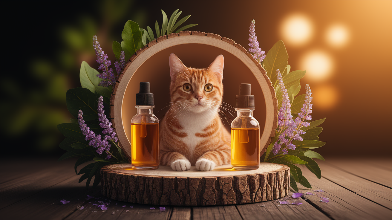 A conceptual illustration representing Spotting Danger: Symptoms of Essential Oil Toxicity in Cats. Visualize the main ideas: . Creative but clear representation of the concept. Style: Use shallow depth of field with selective focus to create a professional, intimate feel  Employ warm, natural lighting that casts a honey-golden glow on the main subjects  Position items on a rustic wooden surface, preferably a cross-section of a tree trunk with visible rings and natural texture  Incorporate vibrant green foliage and delicate purple flowers around the composition's edges  Maintain a soft, gently blurred natural background with subtle bokeh effect  Feature a harmonious color palette of amber, deep greens, and soft purples  Arrange elements at varying heights to create visual interest and natural flow  Create a clean, uncluttered composition that feels organic yet intentional  Capture fine details and textures with macro-photography techniques  Evoke a serene, botanical spa-like atmosphere that feels both premium and natural. high quality, detailed, professional, clean composition, good lighting, sharp focus, well-composed. high quality, professional, detailed, well-composed