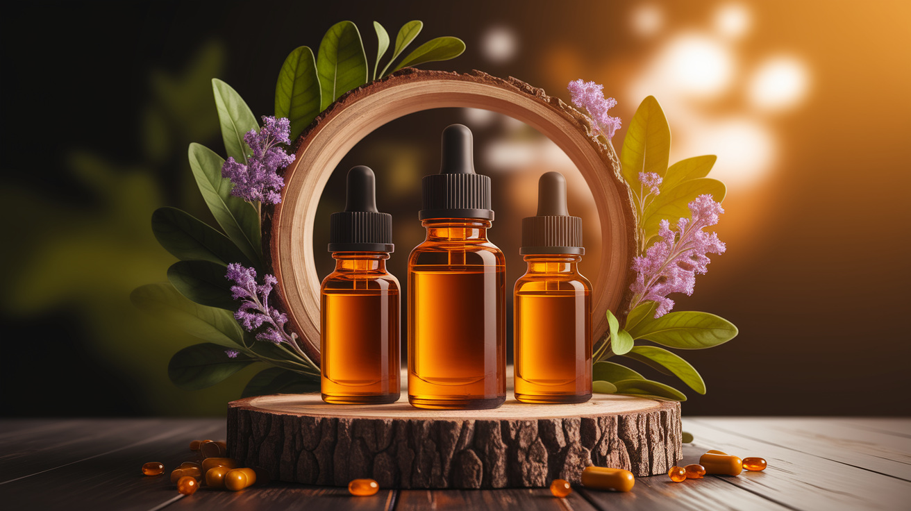 A conceptual illustration representing The Magic of Microcapsules: Why Essential Oils Need Encapsulation. Visualize the main ideas: . Creative but clear representation of the concept. Style: Use shallow depth of field with selective focus to create a professional, intimate feel  Employ warm, natural lighting that casts a honey-golden glow on the main subjects  Position items on a rustic wooden surface, preferably a cross-section of a tree trunk with visible rings and natural texture  Incorporate vibrant green foliage and delicate purple flowers around the composition's edges  Maintain a soft, gently blurred natural background with subtle bokeh effect  Feature a harmonious color palette of amber, deep greens, and soft purples  Arrange elements at varying heights to create visual interest and natural flow  Create a clean, uncluttered composition that feels organic yet intentional  Capture fine details and textures with macro-photography techniques  Evoke a serene, botanical spa-like atmosphere that feels both premium and natural. high quality, detailed, professional, clean composition, good lighting, sharp focus, well-composed. high quality, professional, detailed, well-composed