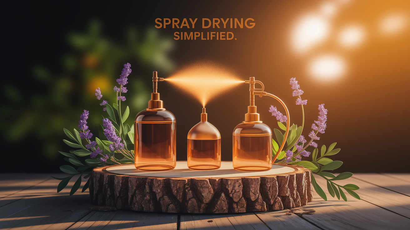 A conceptual illustration representing Spray Drying Simplified. Visualize the main ideas: . Creative but clear representation of the concept. Style: Use shallow depth of field with selective focus to create a professional, intimate feel  Employ warm, natural lighting that casts a honey-golden glow on the main subjects  Position items on a rustic wooden surface, preferably a cross-section of a tree trunk with visible rings and natural texture  Incorporate vibrant green foliage and delicate purple flowers around the composition's edges  Maintain a soft, gently blurred natural background with subtle bokeh effect  Feature a harmonious color palette of amber, deep greens, and soft purples  Arrange elements at varying heights to create visual interest and natural flow  Create a clean, uncluttered composition that feels organic yet intentional  Capture fine details and textures with macro-photography techniques  Evoke a serene, botanical spa-like atmosphere that feels both premium and natural. high quality, detailed, professional, clean composition, good lighting, sharp focus, well-composed. high quality, professional, detailed, well-composed