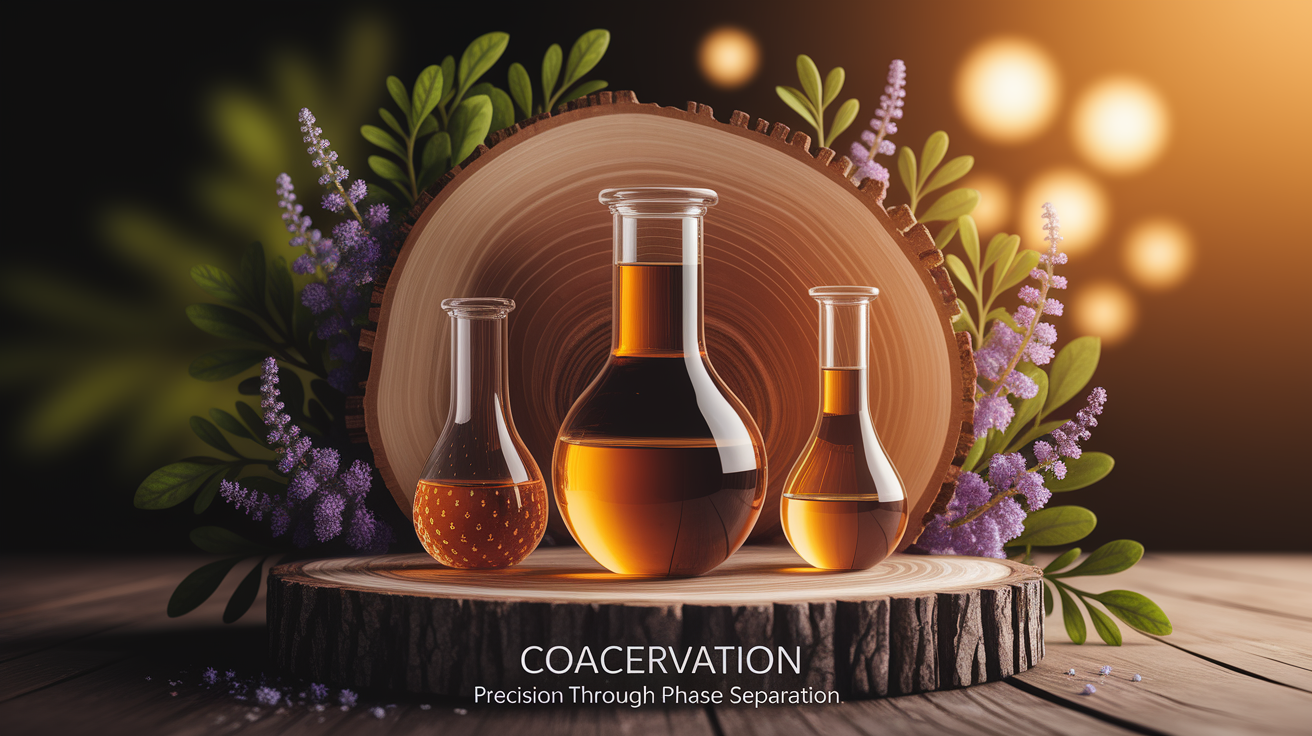A conceptual illustration representing Coacervation: Precision Through Phase Separation. Visualize the main ideas: . Creative but clear representation of the concept. Style: Use shallow depth of field with selective focus to create a professional, intimate feel  Employ warm, natural lighting that casts a honey-golden glow on the main subjects  Position items on a rustic wooden surface, preferably a cross-section of a tree trunk with visible rings and natural texture  Incorporate vibrant green foliage and delicate purple flowers around the composition's edges  Maintain a soft, gently blurred natural background with subtle bokeh effect  Feature a harmonious color palette of amber, deep greens, and soft purples  Arrange elements at varying heights to create visual interest and natural flow  Create a clean, uncluttered composition that feels organic yet intentional  Capture fine details and textures with macro-photography techniques  Evoke a serene, botanical spa-like atmosphere that feels both premium and natural. high quality, detailed, professional, clean composition, good lighting, sharp focus, well-composed. high quality, professional, detailed, well-composed