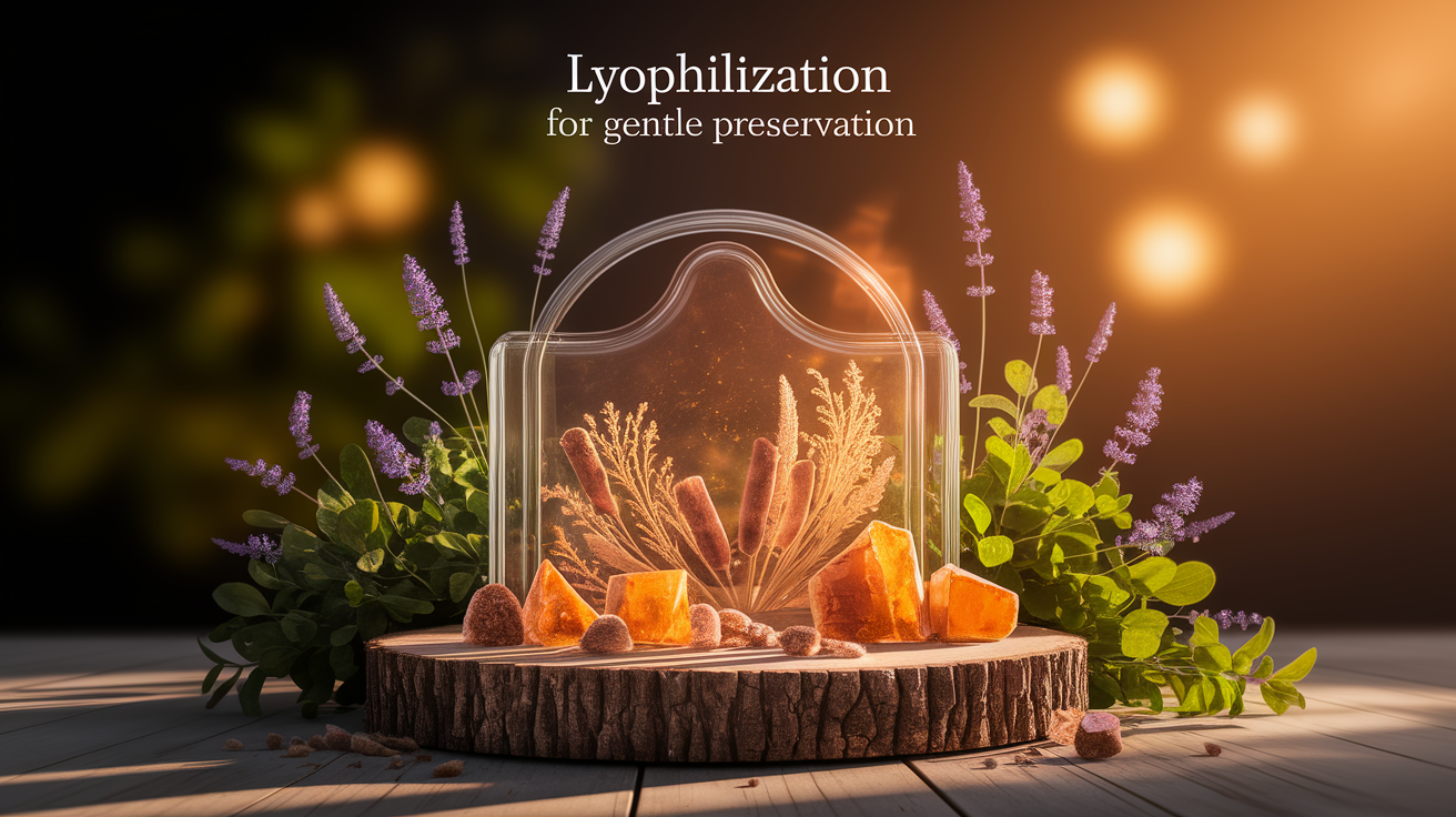 A conceptual illustration representing Lyophilization for Gentle Preservation. Visualize the main ideas: . Creative but clear representation of the concept. Style: Use shallow depth of field with selective focus to create a professional, intimate feel  Employ warm, natural lighting that casts a honey-golden glow on the main subjects  Position items on a rustic wooden surface, preferably a cross-section of a tree trunk with visible rings and natural texture  Incorporate vibrant green foliage and delicate purple flowers around the composition's edges  Maintain a soft, gently blurred natural background with subtle bokeh effect  Feature a harmonious color palette of amber, deep greens, and soft purples  Arrange elements at varying heights to create visual interest and natural flow  Create a clean, uncluttered composition that feels organic yet intentional  Capture fine details and textures with macro-photography techniques  Evoke a serene, botanical spa-like atmosphere that feels both premium and natural. high quality, detailed, professional, clean composition, good lighting, sharp focus, well-composed. high quality, professional, detailed, well-composed