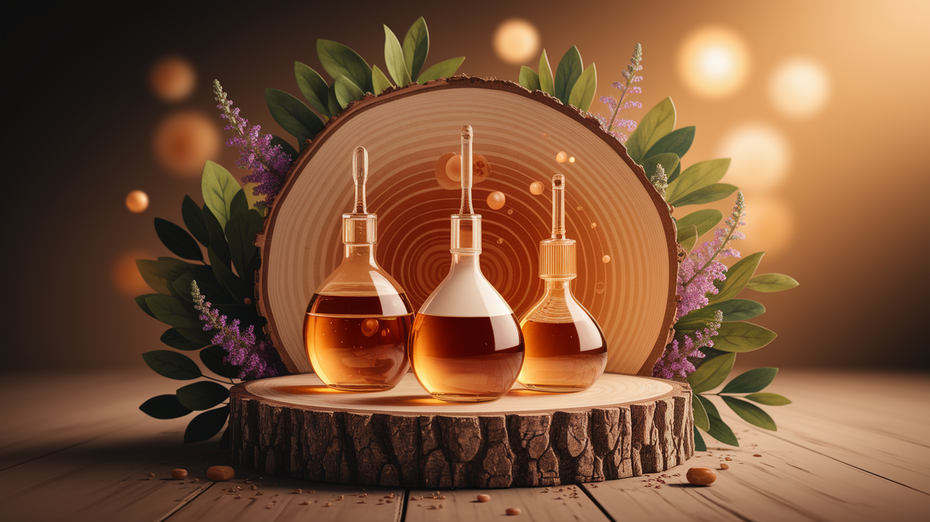 A conceptual illustration representing Ultrasonic Emulsification: Fine Emulsions at Low Energy. Visualize the main ideas: . Creative but clear representation of the concept. Style: Use shallow depth of field with selective focus to create a professional, intimate feel  Employ warm, natural lighting that casts a honey-golden glow on the main subjects  Position items on a rustic wooden surface, preferably a cross-section of a tree trunk with visible rings and natural texture  Incorporate vibrant green foliage and delicate purple flowers around the composition's edges  Maintain a soft, gently blurred natural background with subtle bokeh effect  Feature a harmonious color palette of amber, deep greens, and soft purples  Arrange elements at varying heights to create visual interest and natural flow  Create a clean, uncluttered composition that feels organic yet intentional  Capture fine details and textures with macro-photography techniques  Evoke a serene, botanical spa-like atmosphere that feels both premium and natural. high quality, detailed, professional, clean composition, good lighting, sharp focus, well-composed. high quality, professional, detailed, well-composed