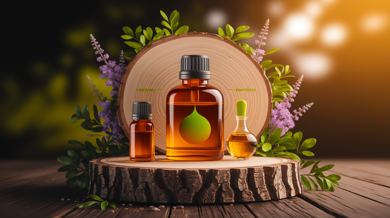 A conceptual illustration representing Environmental Footprint of Essential Oil Pesticides. Visualize the main ideas: . Creative but clear representation of the concept. Style: Use shallow depth of field with selective focus to create a professional, intimate feel Employ warm, natural lighting that casts a honey-golden glow on the main subjects Position items on a rustic wooden surface, preferably a cross-section of a tree trunk with visible rings and natural texture Incorporate vibrant green foliage and delicate purple flowers around the composition's edges Maintain a soft, gently blurred natural background with subtle bokeh effect Feature a harmonious color palette of amber, deep greens, and soft purples Arrange elements at varying heights to create visual interest and natural flow Create a clean, uncluttered composition that feels organic yet intentional Capture fine details and textures with macro-photography techniques Evoke a serene, botanical spa-like atmosphere that feels both premium and natural. high quality, detailed, professional, clean composition, good lighting, sharp focus, well-composed. high quality, professional, detailed, well-composed