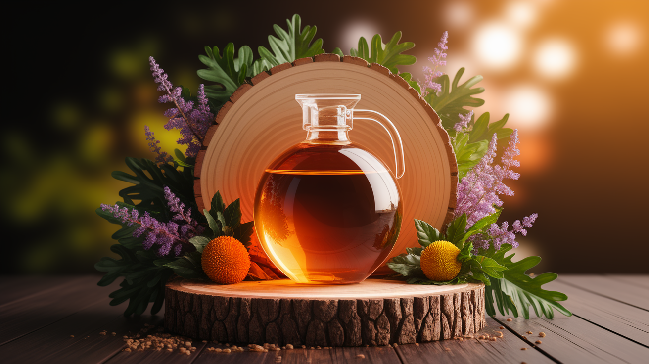 A conceptual illustration representing Synergy with Conventional Agrochemicals. Visualize the main ideas: . Creative but clear representation of the concept. Style: Use shallow depth of field with selective focus to create a professional, intimate feel Employ warm, natural lighting that casts a honey-golden glow on the main subjects Position items on a rustic wooden surface, preferably a cross-section of a tree trunk with visible rings and natural texture Incorporate vibrant green foliage and delicate purple flowers around the composition's edges Maintain a soft, gently blurred natural background with subtle bokeh effect Feature a harmonious color palette of amber, deep greens, and soft purples Arrange elements at varying heights to create visual interest and natural flow Create a clean, uncluttered composition that feels organic yet intentional Capture fine details and textures with macro-photography techniques Evoke a serene, botanical spa-like atmosphere that feels both premium and natural. high quality, detailed, professional, clean composition, good lighting, sharp focus, well-composed. high quality, professional, detailed, well-composed