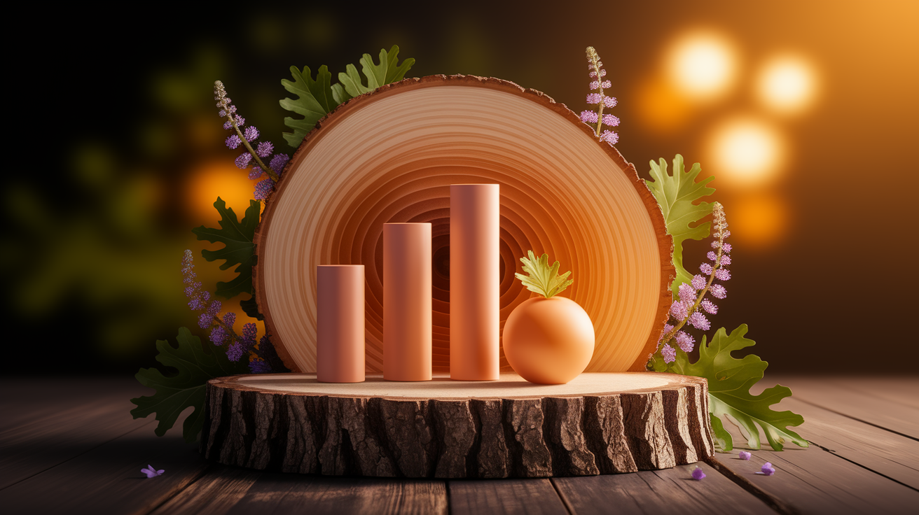 A conceptual illustration representing Production and Sourcing Challenges. Visualize the main ideas: . Creative but clear representation of the concept. Style: Use shallow depth of field with selective focus to create a professional, intimate feel Employ warm, natural lighting that casts a honey-golden glow on the main subjects Position items on a rustic wooden surface, preferably a cross-section of a tree trunk with visible rings and natural texture Incorporate vibrant green foliage and delicate purple flowers around the composition's edges Maintain a soft, gently blurred natural background with subtle bokeh effect Feature a harmonious color palette of amber, deep greens, and soft purples Arrange elements at varying heights to create visual interest and natural flow Create a clean, uncluttered composition that feels organic yet intentional Capture fine details and textures with macro-photography techniques Evoke a serene, botanical spa-like atmosphere that feels both premium and natural. high quality, detailed, professional, clean composition, good lighting, sharp focus, well-composed. high quality, professional, detailed, well-composed