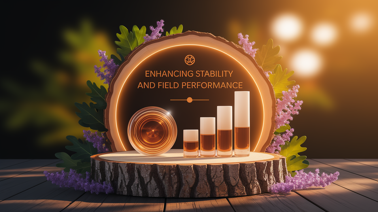 A conceptual illustration representing Enhancing Stability and Field Performance. Visualize the main ideas: . Creative but clear representation of the concept. Style: Use shallow depth of field with selective focus to create a professional, intimate feel Employ warm, natural lighting that casts a honey-golden glow on the main subjects Position items on a rustic wooden surface, preferably a cross-section of a tree trunk with visible rings and natural texture Incorporate vibrant green foliage and delicate purple flowers around the composition's edges Maintain a soft, gently blurred natural background with subtle bokeh effect Feature a harmonious color palette of amber, deep greens, and soft purples Arrange elements at varying heights to create visual interest and natural flow Create a clean, uncluttered composition that feels organic yet intentional Capture fine details and textures with macro-photography techniques Evoke a serene, botanical spa-like atmosphere that feels both premium and natural. high quality, detailed, professional, clean composition, good lighting, sharp focus, well-composed. high quality, professional, detailed, well-composed