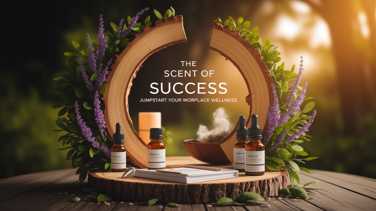 A realistic scene or environment setting for The Scent of Success: Jumpstart Your Workplace Wellness. Include  in a natural, contextual setting. Show real-world application or usage. Style: Use shallow depth of field with selective focus to create a professional, intimate feel  Employ warm, natural lighting that casts a honey-golden glow on the main subjects  Position items on a rustic wooden surface, preferably a cross-section of a tree trunk with visible rings and natural texture  Incorporate vibrant green foliage and delicate purple flowers around the composition's edges  Maintain a soft, gently blurred natural background with subtle bokeh effect  Feature a harmonious color palette of amber, deep greens, and soft purples  Arrange elements at varying heights to create visual interest and natural flow  Create a clean, uncluttered composition that feels organic yet intentional  Capture fine details and textures with macro-photography techniques  Evoke a serene, botanical spa-like atmosphere that feels both premium and natural. high quality, detailed, professional, clean composition, good lighting, sharp focus, well-composed. high quality, professional, detailed, well-composed