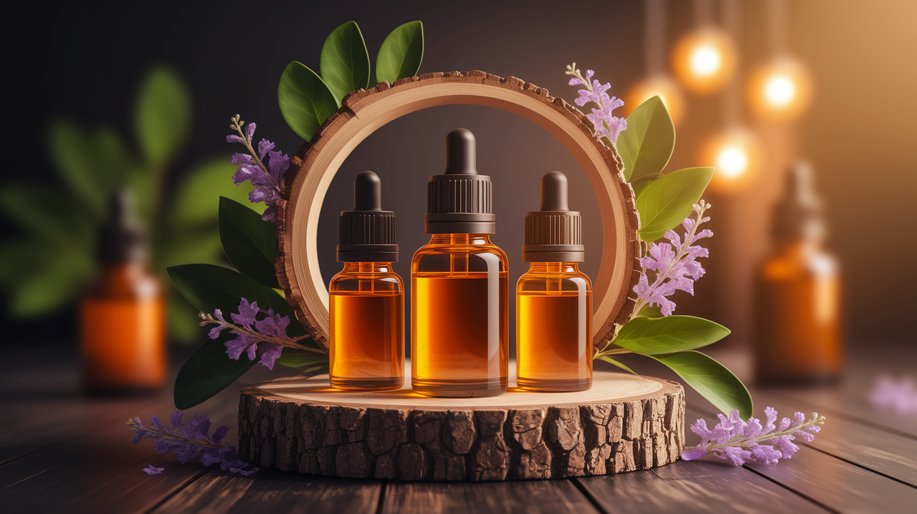 A conceptual illustration representing Top Essential Oils for On-the-Job Well-being. Visualize the main ideas: . Creative but clear representation of the concept. Style: Use shallow depth of field with selective focus to create a professional, intimate feel  Employ warm, natural lighting that casts a honey-golden glow on the main subjects  Position items on a rustic wooden surface, preferably a cross-section of a tree trunk with visible rings and natural texture  Incorporate vibrant green foliage and delicate purple flowers around the composition's edges  Maintain a soft, gently blurred natural background with subtle bokeh effect  Feature a harmonious color palette of amber, deep greens, and soft purples  Arrange elements at varying heights to create visual interest and natural flow  Create a clean, uncluttered composition that feels organic yet intentional  Capture fine details and textures with macro-photography techniques  Evoke a serene, botanical spa-like atmosphere that feels both premium and natural. high quality, detailed, professional, clean composition, good lighting, sharp focus, well-composed. high quality, professional, detailed, well-composed