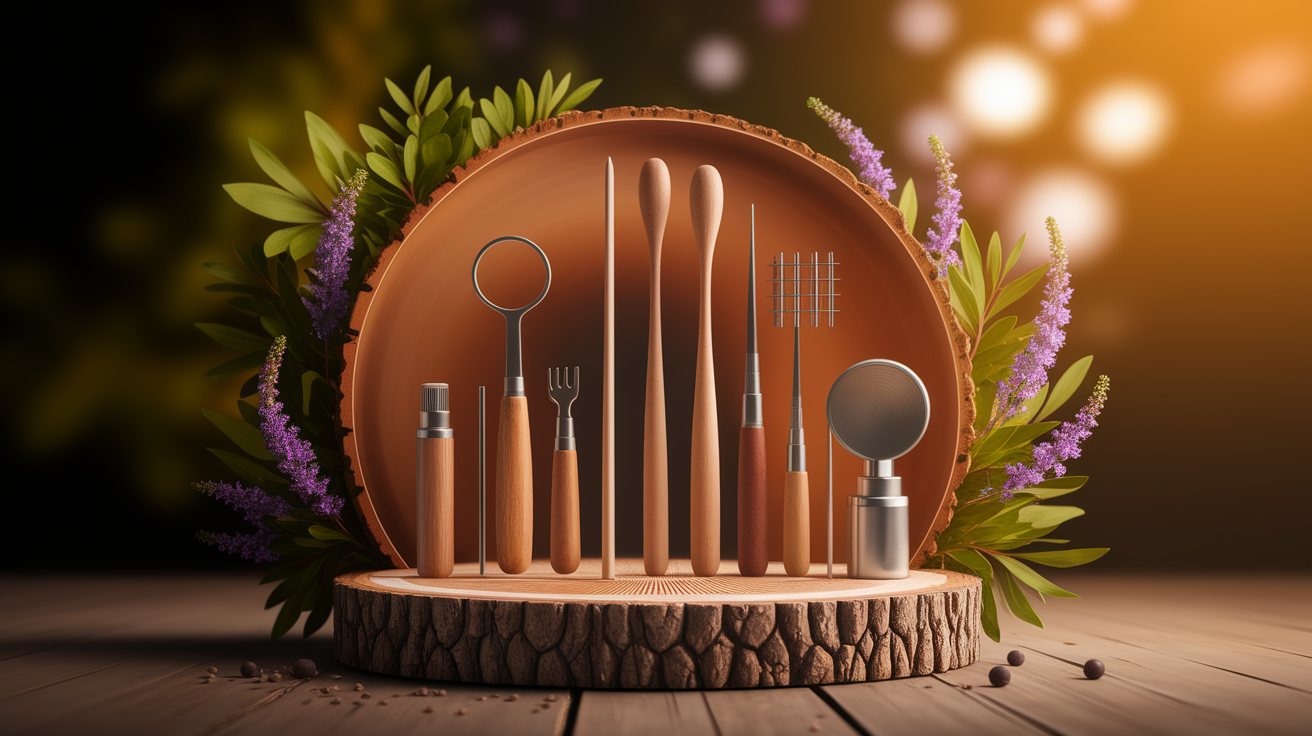 A conceptual illustration representing Practical Application Methods at Work. Visualize the main ideas: . Creative but clear representation of the concept. Style: Use shallow depth of field with selective focus to create a professional, intimate feel  Employ warm, natural lighting that casts a honey-golden glow on the main subjects  Position items on a rustic wooden surface, preferably a cross-section of a tree trunk with visible rings and natural texture  Incorporate vibrant green foliage and delicate purple flowers around the composition's edges  Maintain a soft, gently blurred natural background with subtle bokeh effect  Feature a harmonious color palette of amber, deep greens, and soft purples  Arrange elements at varying heights to create visual interest and natural flow  Create a clean, uncluttered composition that feels organic yet intentional  Capture fine details and textures with macro-photography techniques  Evoke a serene, botanical spa-like atmosphere that feels both premium and natural. high quality, detailed, professional, clean composition, good lighting, sharp focus, well-composed. high quality, professional, detailed, well-composed