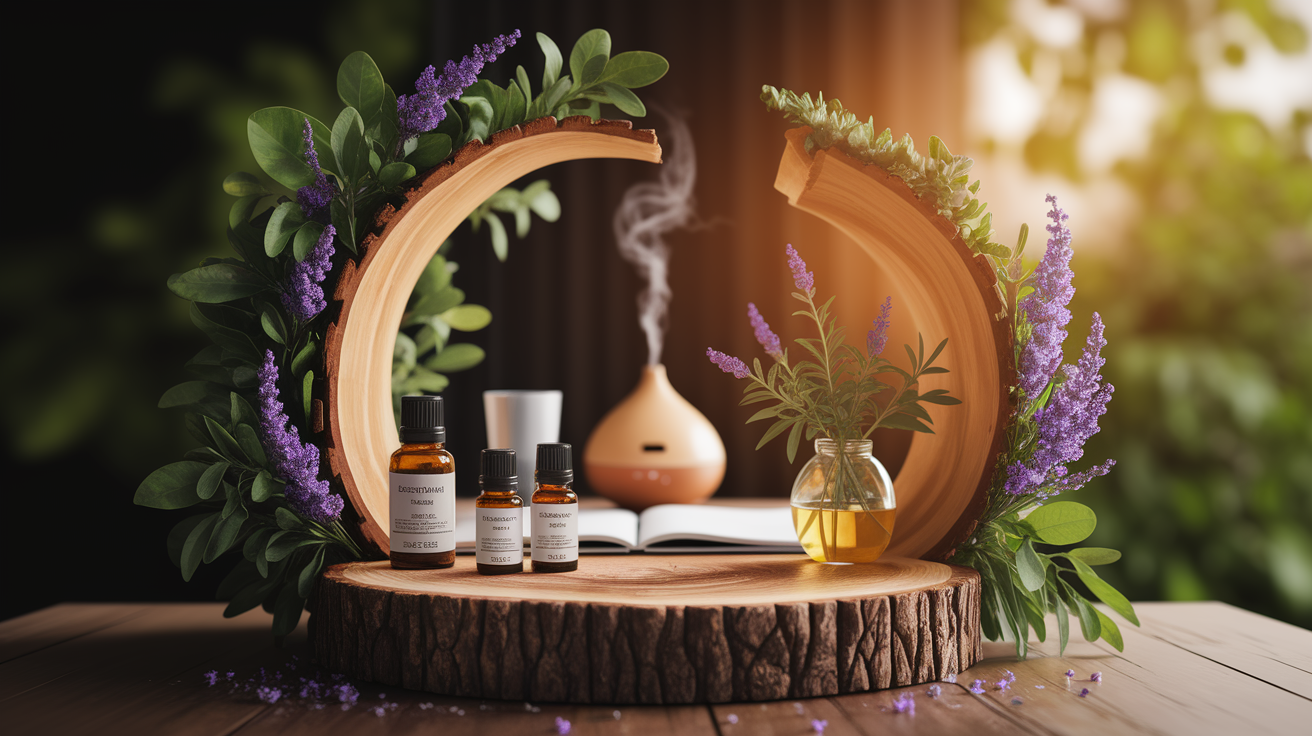 A realistic scene or environment setting for How Essential Oils Work in the Workplace. Include  in a natural, contextual setting. Show real-world application or usage. Style: Use shallow depth of field with selective focus to create a professional, intimate feel  Employ warm, natural lighting that casts a honey-golden glow on the main subjects  Position items on a rustic wooden surface, preferably a cross-section of a tree trunk with visible rings and natural texture  Incorporate vibrant green foliage and delicate purple flowers around the composition's edges  Maintain a soft, gently blurred natural background with subtle bokeh effect  Feature a harmonious color palette of amber, deep greens, and soft purples  Arrange elements at varying heights to create visual interest and natural flow  Create a clean, uncluttered composition that feels organic yet intentional  Capture fine details and textures with macro-photography techniques  Evoke a serene, botanical spa-like atmosphere that feels both premium and natural. high quality, detailed, professional, clean composition, good lighting, sharp focus, well-composed. high quality, professional, detailed, well-composed