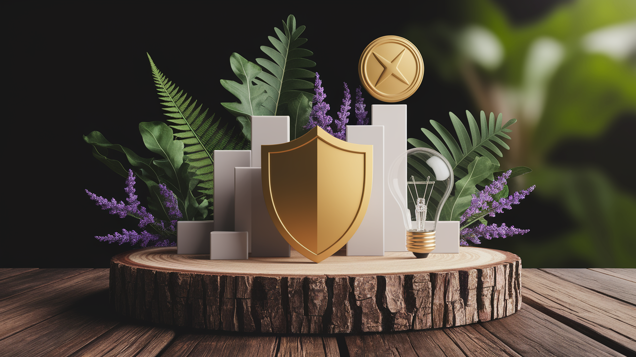 A conceptual illustration representing Safety, Quality, and Best Practices. Visualize the main ideas: . Creative but clear representation of the concept. Style: Use shallow depth of field with selective focus to create a professional, intimate feel  Employ warm, natural lighting that casts a honey-golden glow on the main subjects  Position items on a rustic wooden surface, preferably a cross-section of a tree trunk with visible rings and natural texture  Incorporate vibrant green foliage and delicate purple flowers around the composition's edges  Maintain a soft, gently blurred natural background with subtle bokeh effect  Feature a harmonious color palette of amber, deep greens, and soft purples  Arrange elements at varying heights to create visual interest and natural flow  Create a clean, uncluttered composition that feels organic yet intentional  Capture fine details and textures with macro-photography techniques  Evoke a serene, botanical spa-like atmosphere that feels both premium and natural. high quality, detailed, professional, clean composition, good lighting, sharp focus, well-composed. high quality, professional, detailed, well-composed