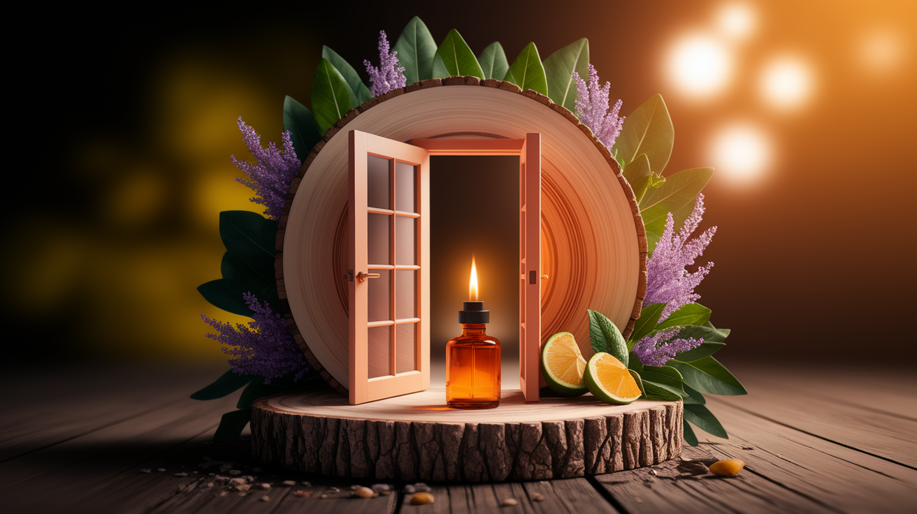 A conceptual illustration representing Opening the Door to Allergy-Safe Scents. Visualize the main ideas: . Creative but clear representation of the concept. Style: Use shallow depth of field with selective focus to create a professional, intimate feel  Employ warm, natural lighting that casts a honey-golden glow on the main subjects  Position items on a rustic wooden surface, preferably a cross-section of a tree trunk with visible rings and natural texture  Incorporate vibrant green foliage and delicate purple flowers around the composition's edges  Maintain a soft, gently blurred natural background with subtle bokeh effect  Feature a harmonious color palette of amber, deep greens, and soft purples  Arrange elements at varying heights to create visual interest and natural flow  Create a clean, uncluttered composition that feels organic yet intentional  Capture fine details and textures with macro-photography techniques  Evoke a serene, botanical spa-like atmosphere that feels both premium and natural. high quality, detailed, professional, clean composition, good lighting, sharp focus, well-composed. high quality, professional, detailed, well-composed