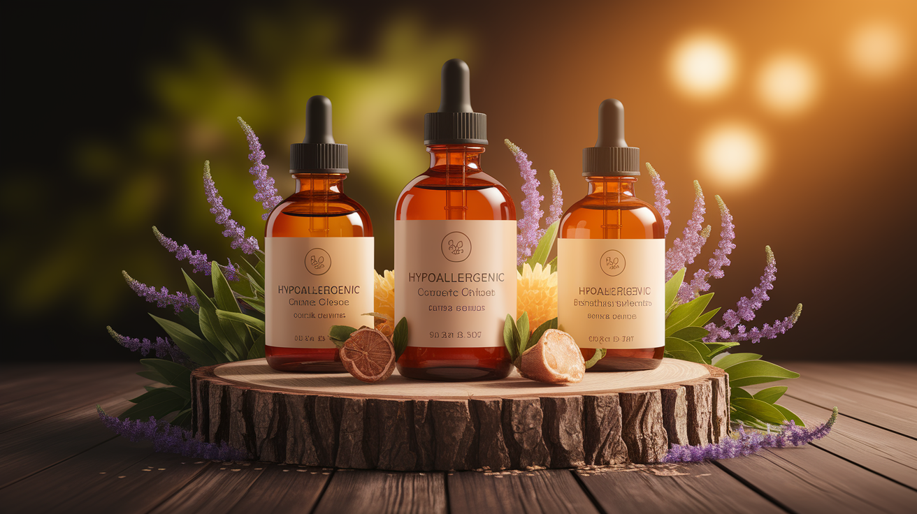 A conceptual illustration representing Core Ingredients in Hypoallergenic Blends. Visualize the main ideas: . Creative but clear representation of the concept. Style: Use shallow depth of field with selective focus to create a professional, intimate feel  Employ warm, natural lighting that casts a honey-golden glow on the main subjects  Position items on a rustic wooden surface, preferably a cross-section of a tree trunk with visible rings and natural texture  Incorporate vibrant green foliage and delicate purple flowers around the composition's edges  Maintain a soft, gently blurred natural background with subtle bokeh effect  Feature a harmonious color palette of amber, deep greens, and soft purples  Arrange elements at varying heights to create visual interest and natural flow  Create a clean, uncluttered composition that feels organic yet intentional  Capture fine details and textures with macro-photography techniques  Evoke a serene, botanical spa-like atmosphere that feels both premium and natural. high quality, detailed, professional, clean composition, good lighting, sharp focus, well-composed. high quality, professional, detailed, well-composed