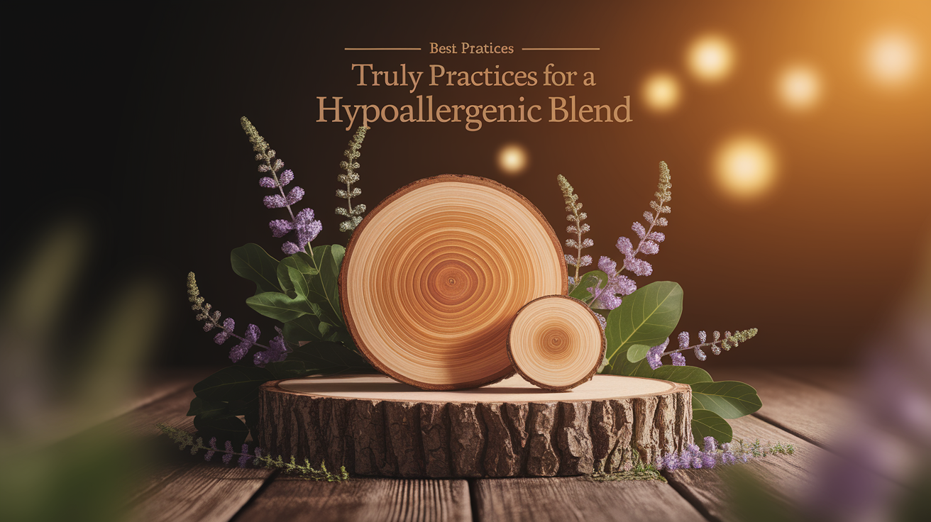 A conceptual illustration representing Best Practices for a Truly Hypoallergenic Blend. Visualize the main ideas: . Creative but clear representation of the concept. Style: Use shallow depth of field with selective focus to create a professional, intimate feel  Employ warm, natural lighting that casts a honey-golden glow on the main subjects  Position items on a rustic wooden surface, preferably a cross-section of a tree trunk with visible rings and natural texture  Incorporate vibrant green foliage and delicate purple flowers around the composition's edges  Maintain a soft, gently blurred natural background with subtle bokeh effect  Feature a harmonious color palette of amber, deep greens, and soft purples  Arrange elements at varying heights to create visual interest and natural flow  Create a clean, uncluttered composition that feels organic yet intentional  Capture fine details and textures with macro-photography techniques  Evoke a serene, botanical spa-like atmosphere that feels both premium and natural. high quality, detailed, professional, clean composition, good lighting, sharp focus, well-composed. high quality, professional, detailed, well-composed
