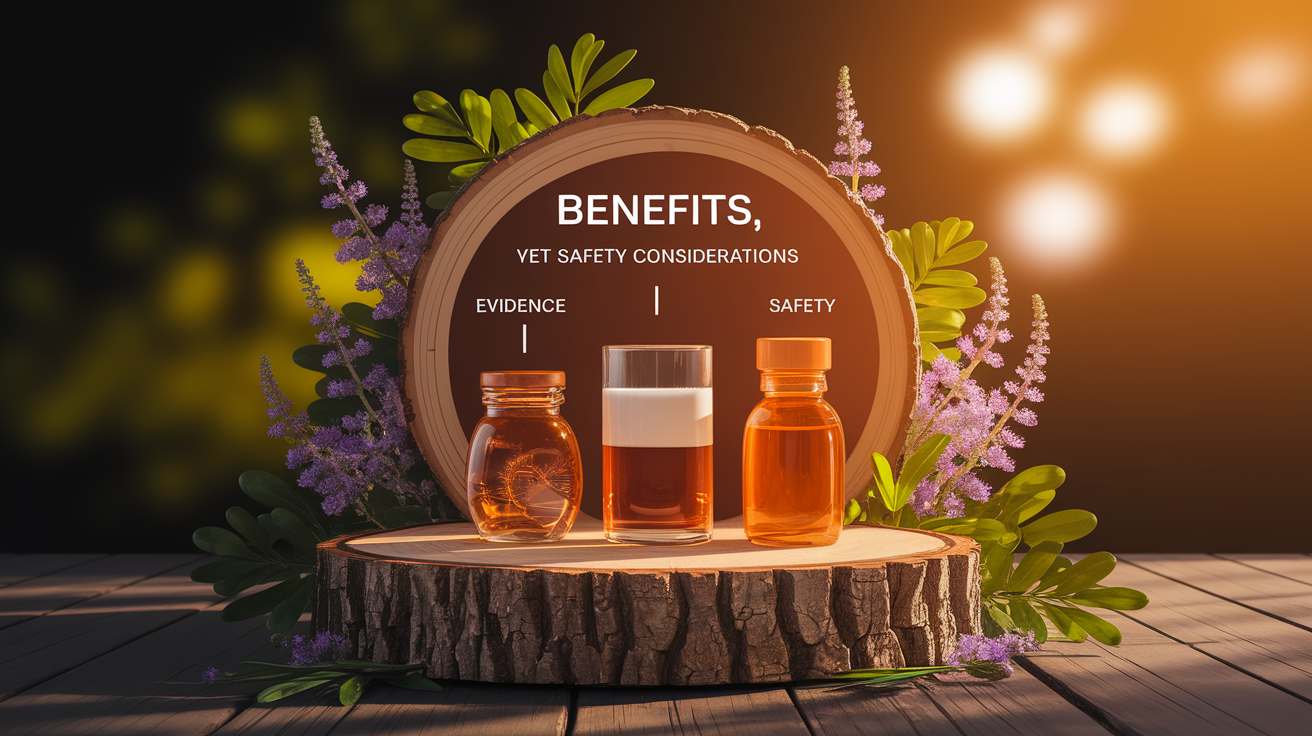 A conceptual illustration representing Benefits, Evidence, and Safety Considerations. Visualize the main ideas: . Creative but clear representation of the concept. Style: Use shallow depth of field with selective focus to create a professional, intimate feel  Employ warm, natural lighting that casts a honey-golden glow on the main subjects  Position items on a rustic wooden surface, preferably a cross-section of a tree trunk with visible rings and natural texture  Incorporate vibrant green foliage and delicate purple flowers around the composition's edges  Maintain a soft, gently blurred natural background with subtle bokeh effect  Feature a harmonious color palette of amber, deep greens, and soft purples  Arrange elements at varying heights to create visual interest and natural flow  Create a clean, uncluttered composition that feels organic yet intentional  Capture fine details and textures with macro-photography techniques  Evoke a serene, botanical spa-like atmosphere that feels both premium and natural. high quality, detailed, professional, clean composition, good lighting, sharp focus, well-composed. high quality, professional, detailed, well-composed